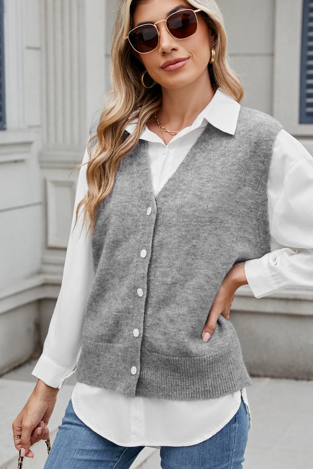 Button Down V-Neck Sweater Vest - Image 4