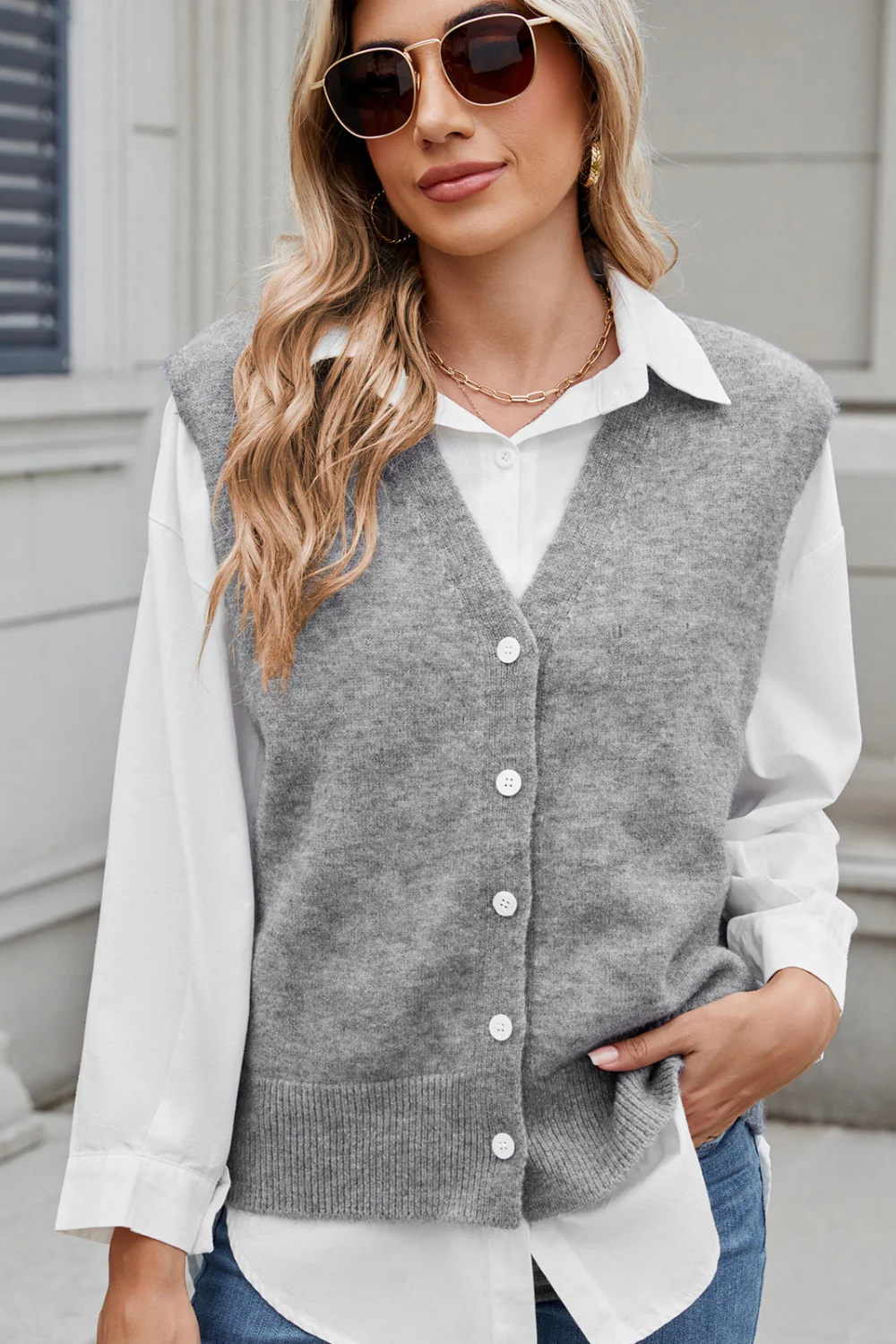 Button Down V-Neck Sweater Vest - Image 5