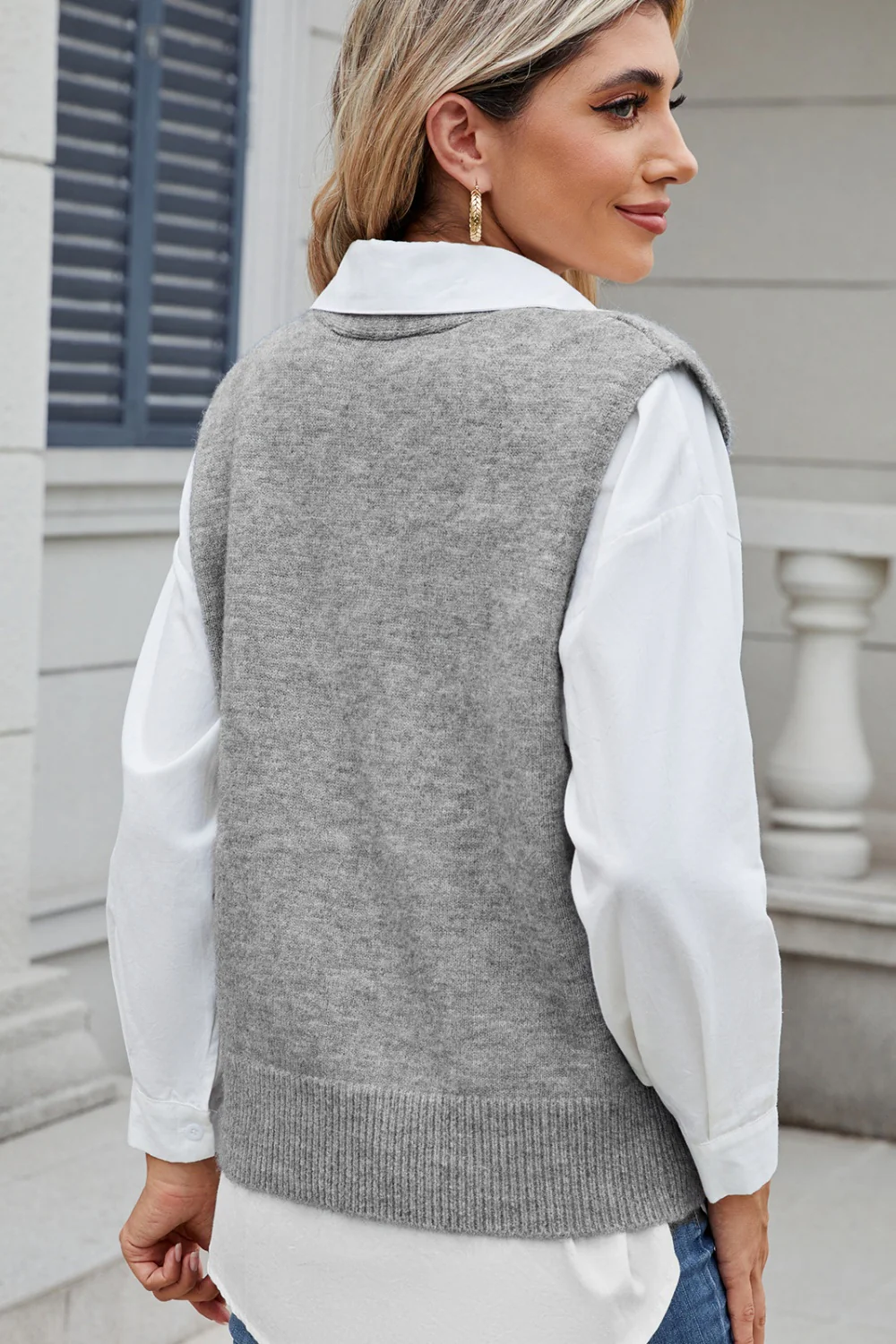 Button Down V-Neck Sweater Vest - Image 6