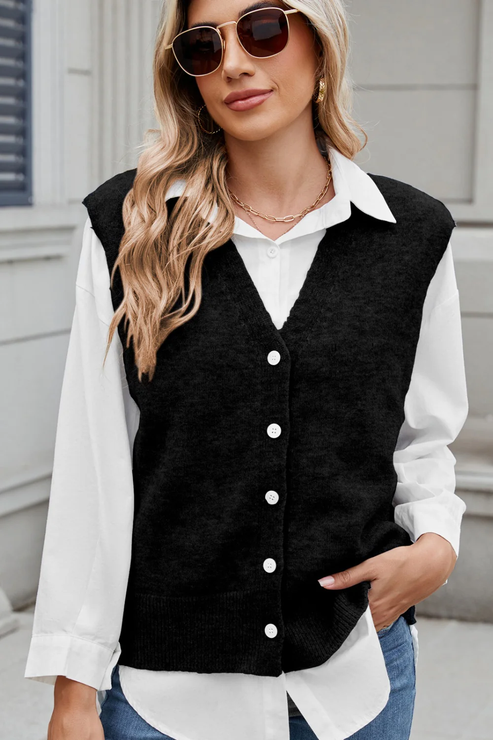 Button Down V-Neck Sweater Vest - Image 7