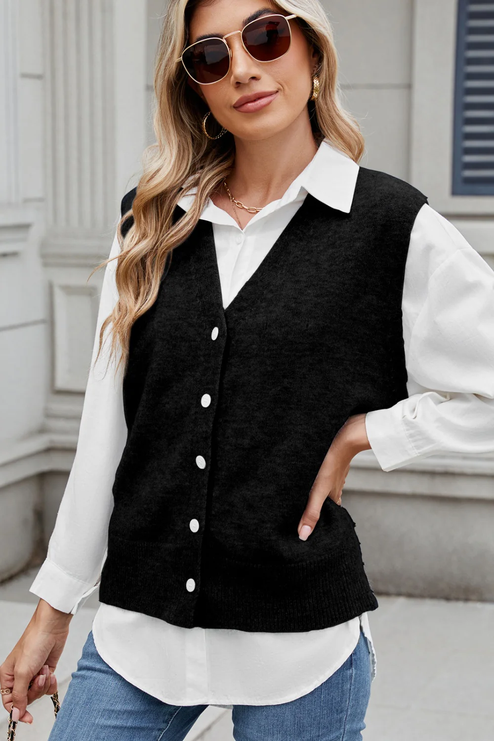 Button Down V-Neck Sweater Vest - Image 9