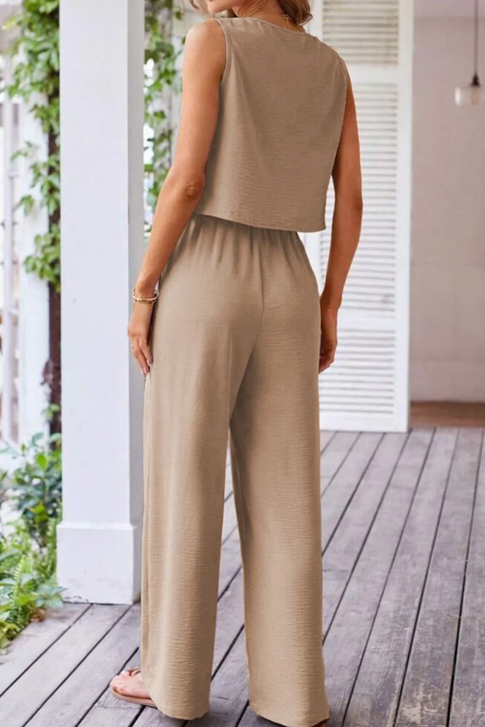 Button Down Vest and Drawstring Wide Leg Pants Set - Image 2