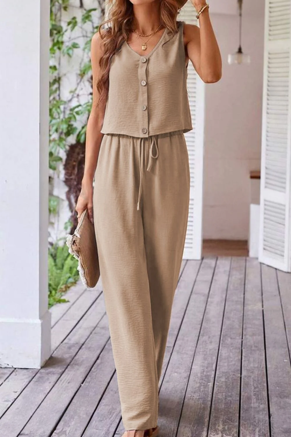 Button Down Vest and Drawstring Wide Leg Pants Set - Image 3