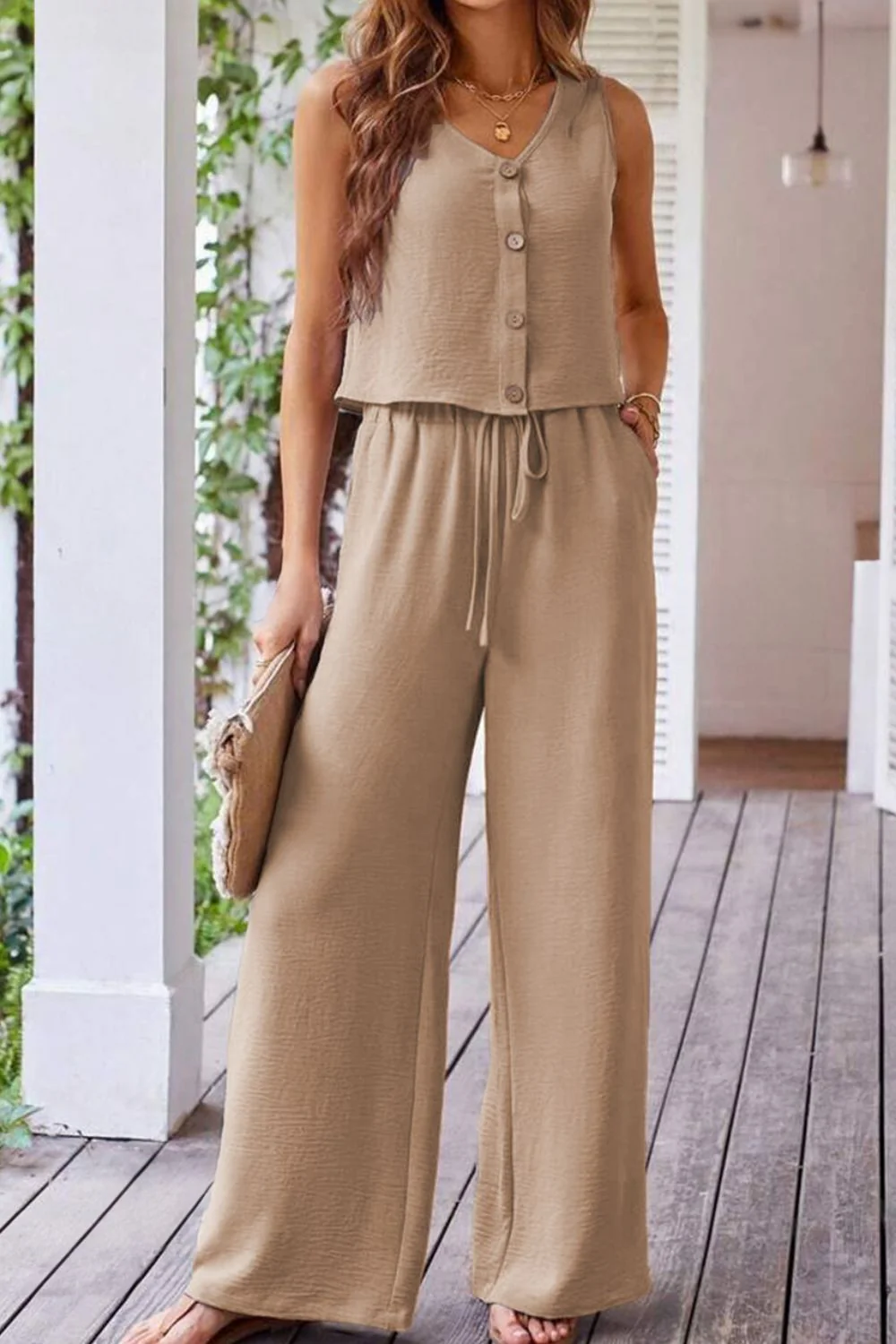 Button Down Vest and Drawstring Wide Leg Pants Set - Image 4