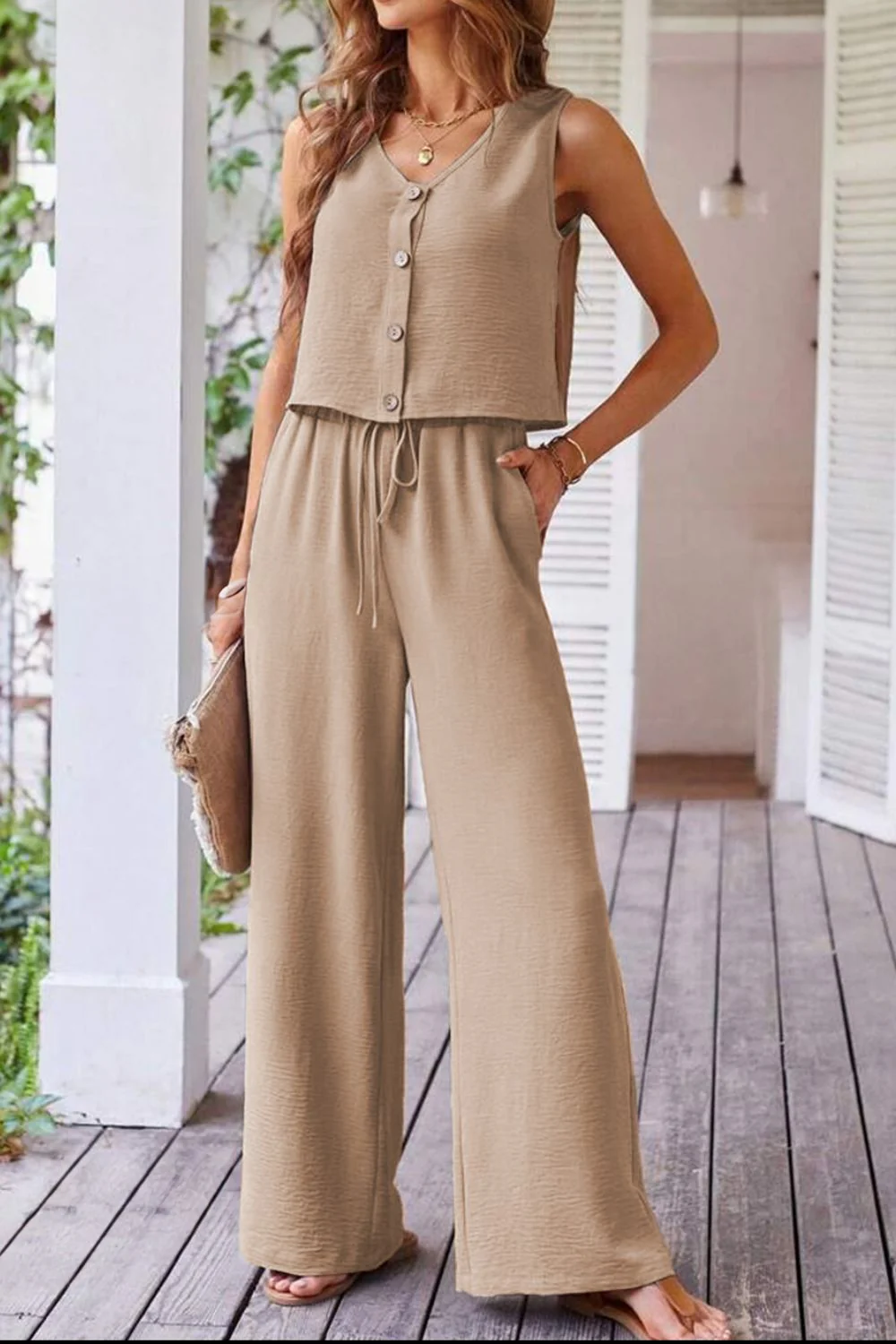 Button Down Vest and Drawstring Wide Leg Pants Set - Image 5