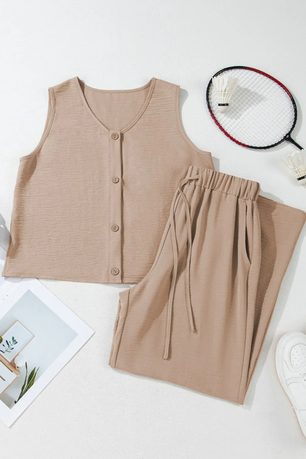 Button Down Vest and Drawstring Wide Leg Pants Set - Image 6