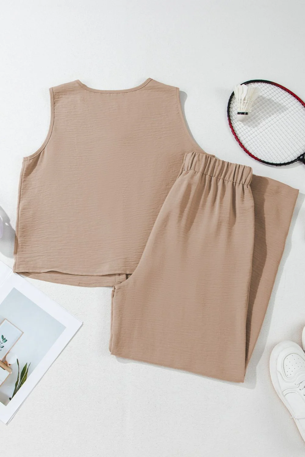 Button Down Vest and Drawstring Wide Leg Pants Set - Image 7