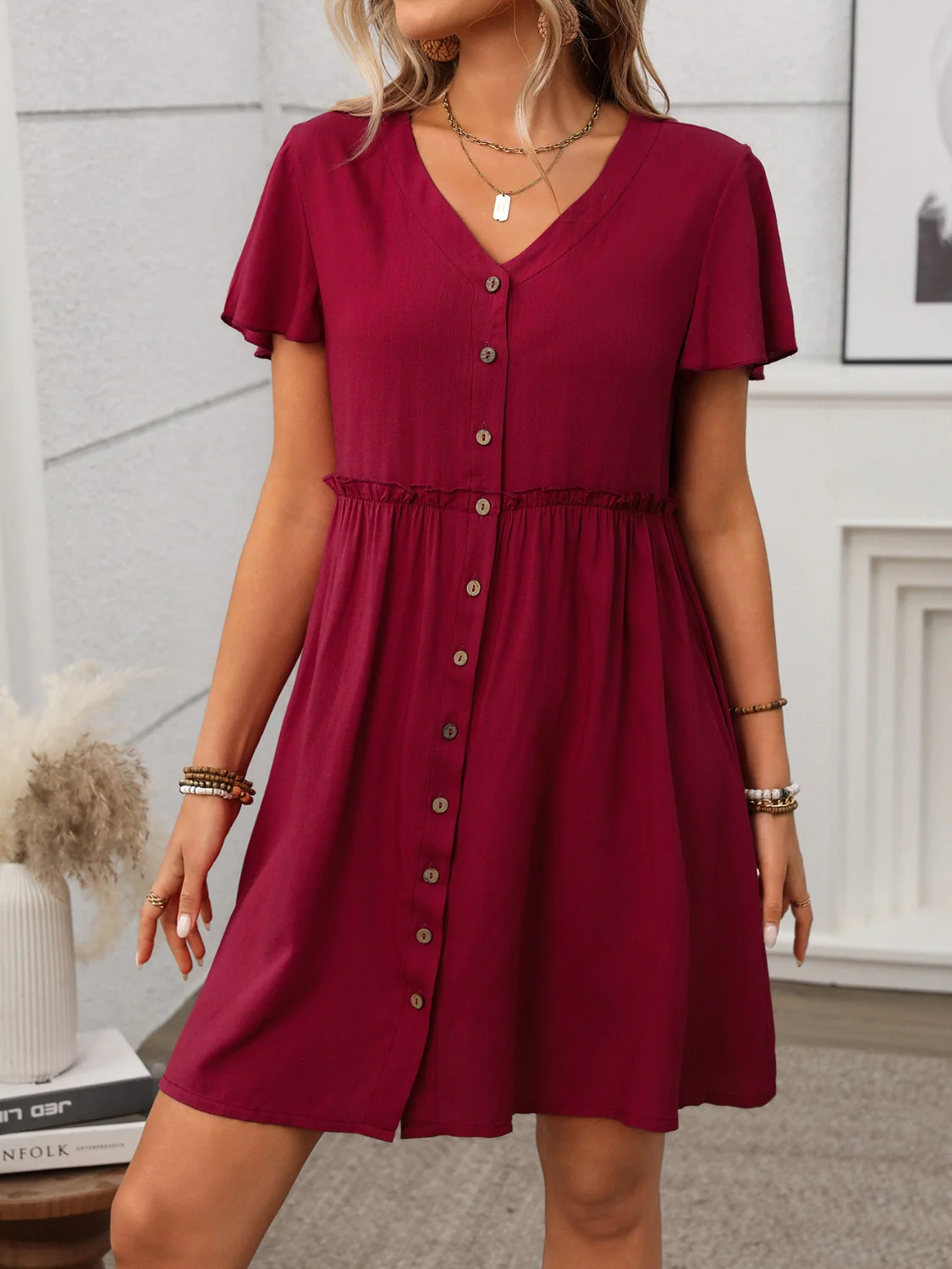 Button Front Flutter Sleeve Dress - Image 10