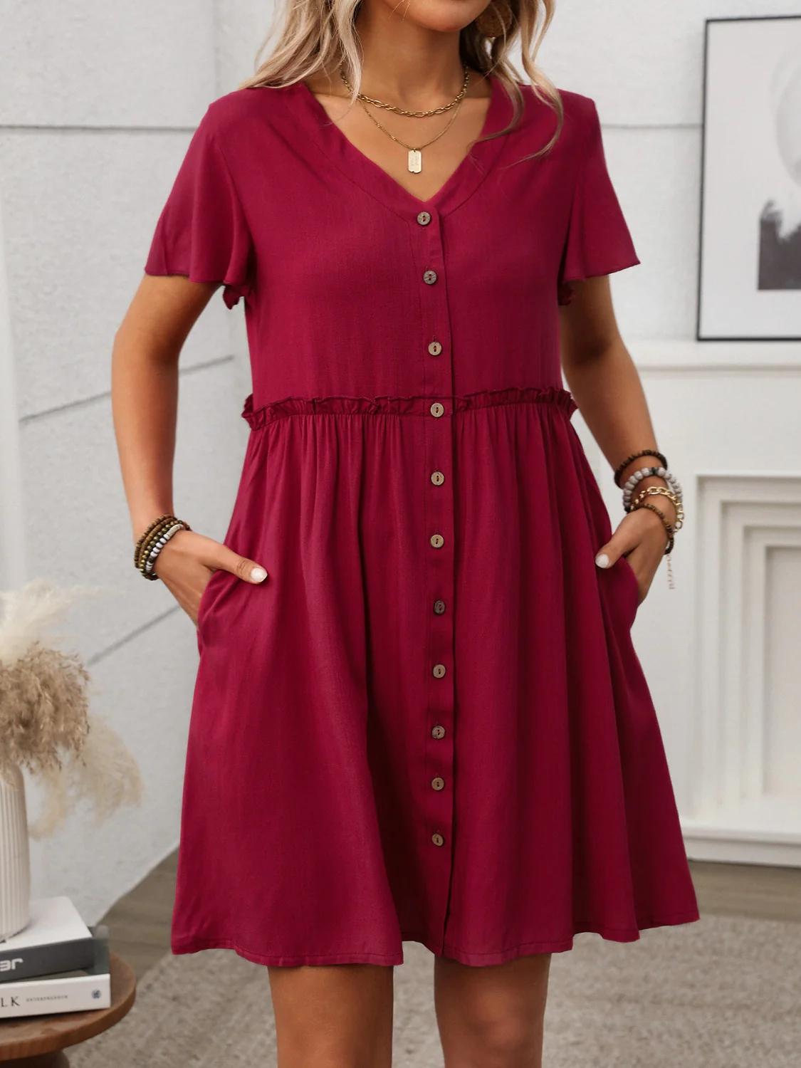 Button Front Flutter Sleeve Dress - Image 11