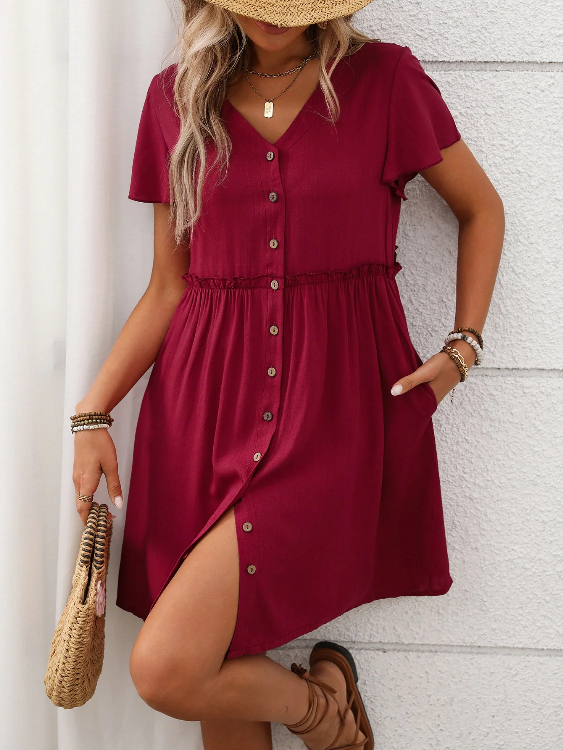 Button Front Flutter Sleeve Dress - Image 12