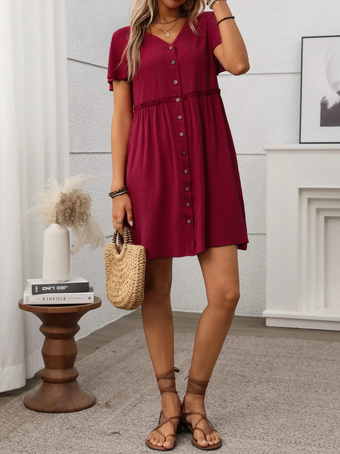 Button Front Flutter Sleeve Dress - Image 15