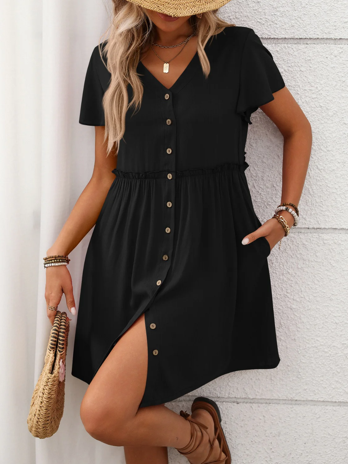Button Front Flutter Sleeve Dress - Image 17