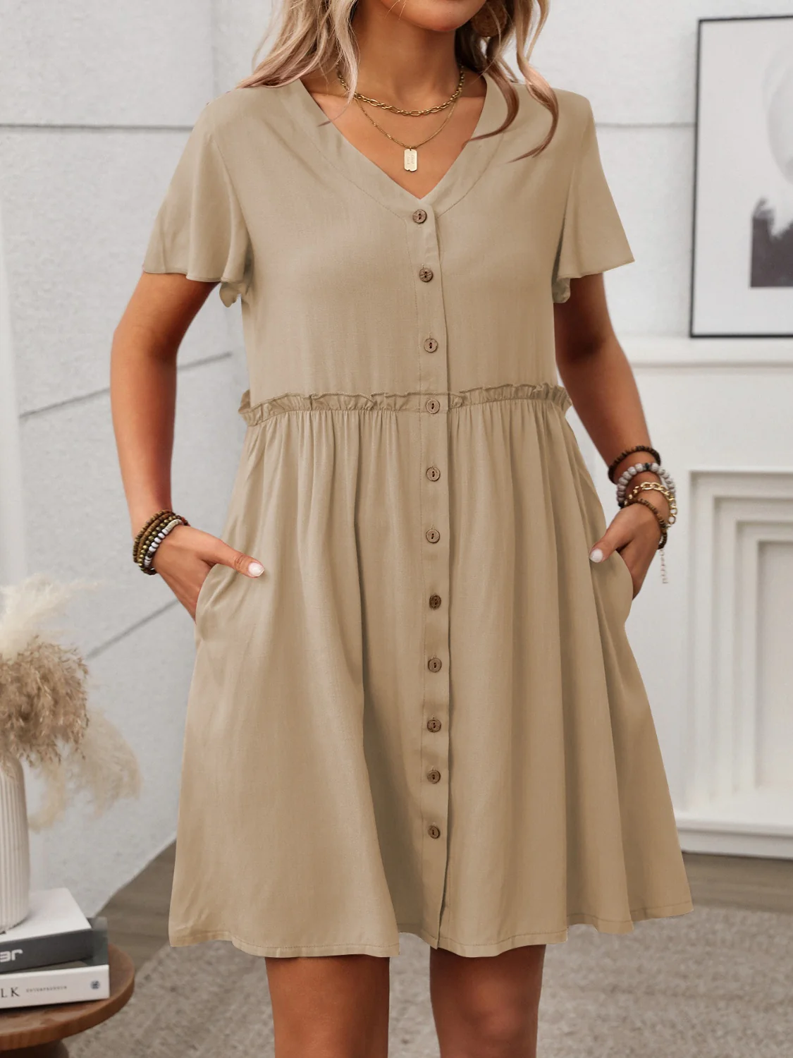 Button Front Flutter Sleeve Dress - Image 2