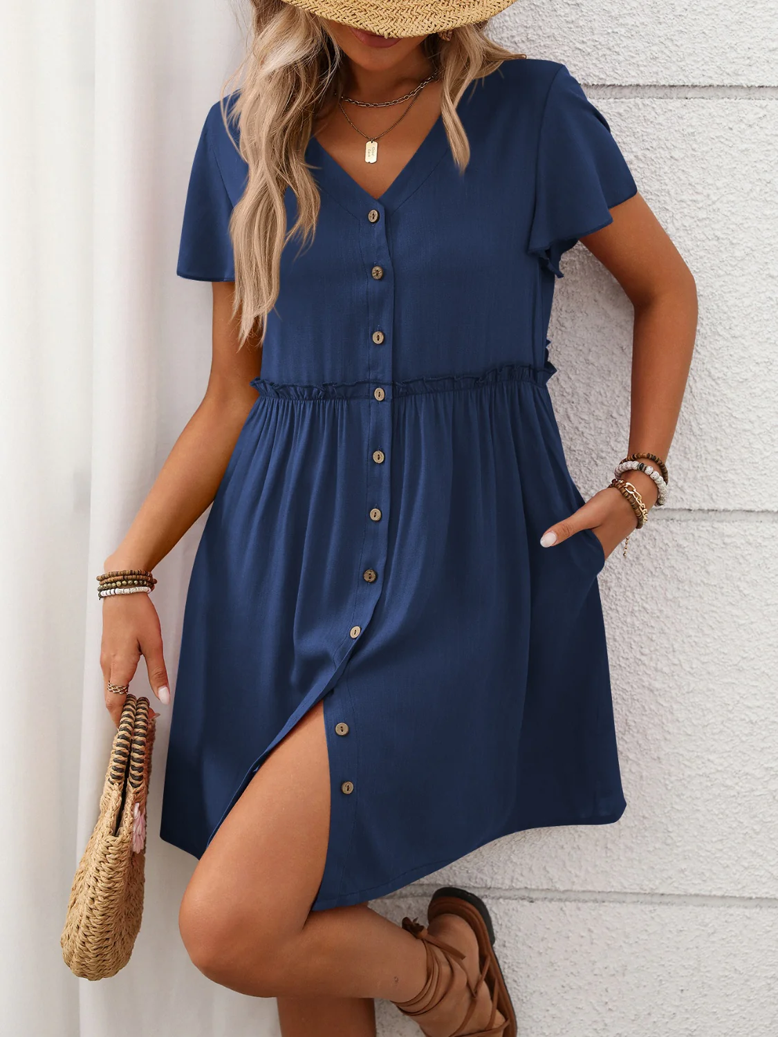 Button Front Flutter Sleeve Dress - Image 23