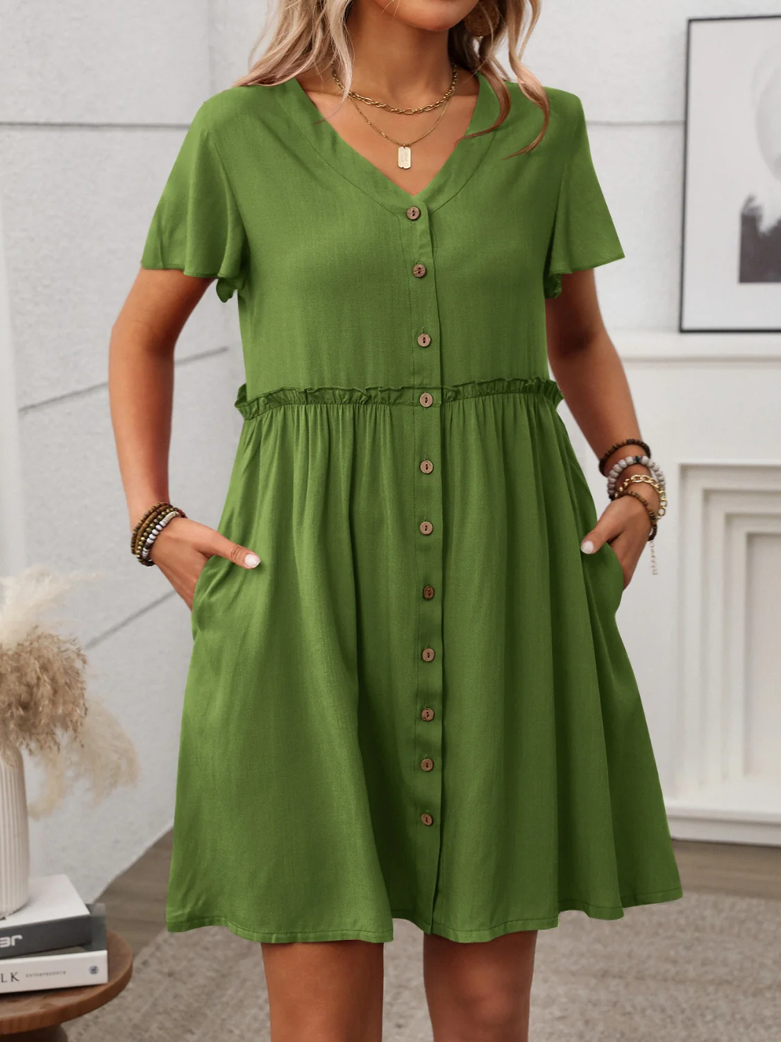 Button Front Flutter Sleeve Dress - Image 6