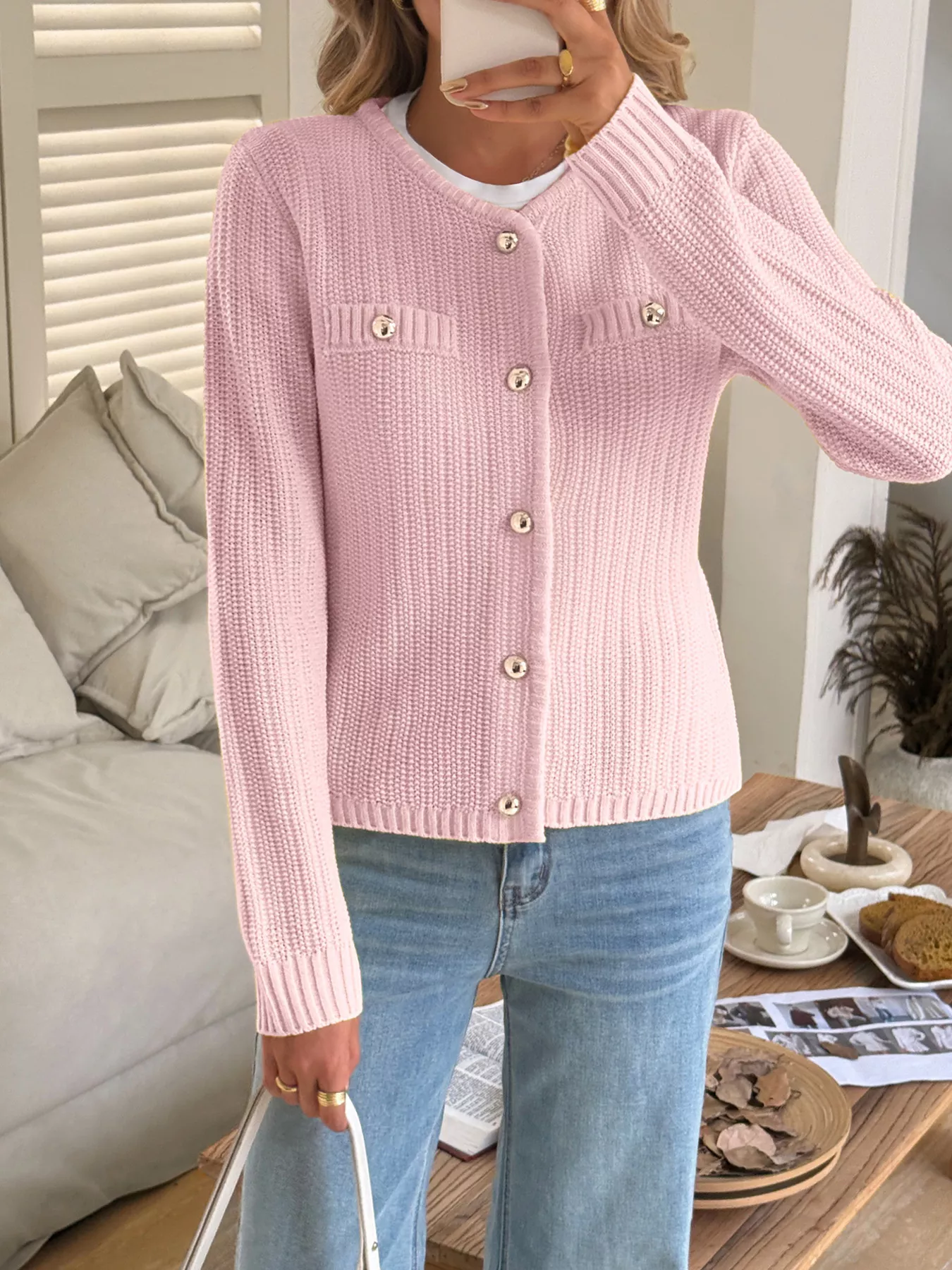 Button-Front Ribbed Long Sleeve Cardigan - Image 10