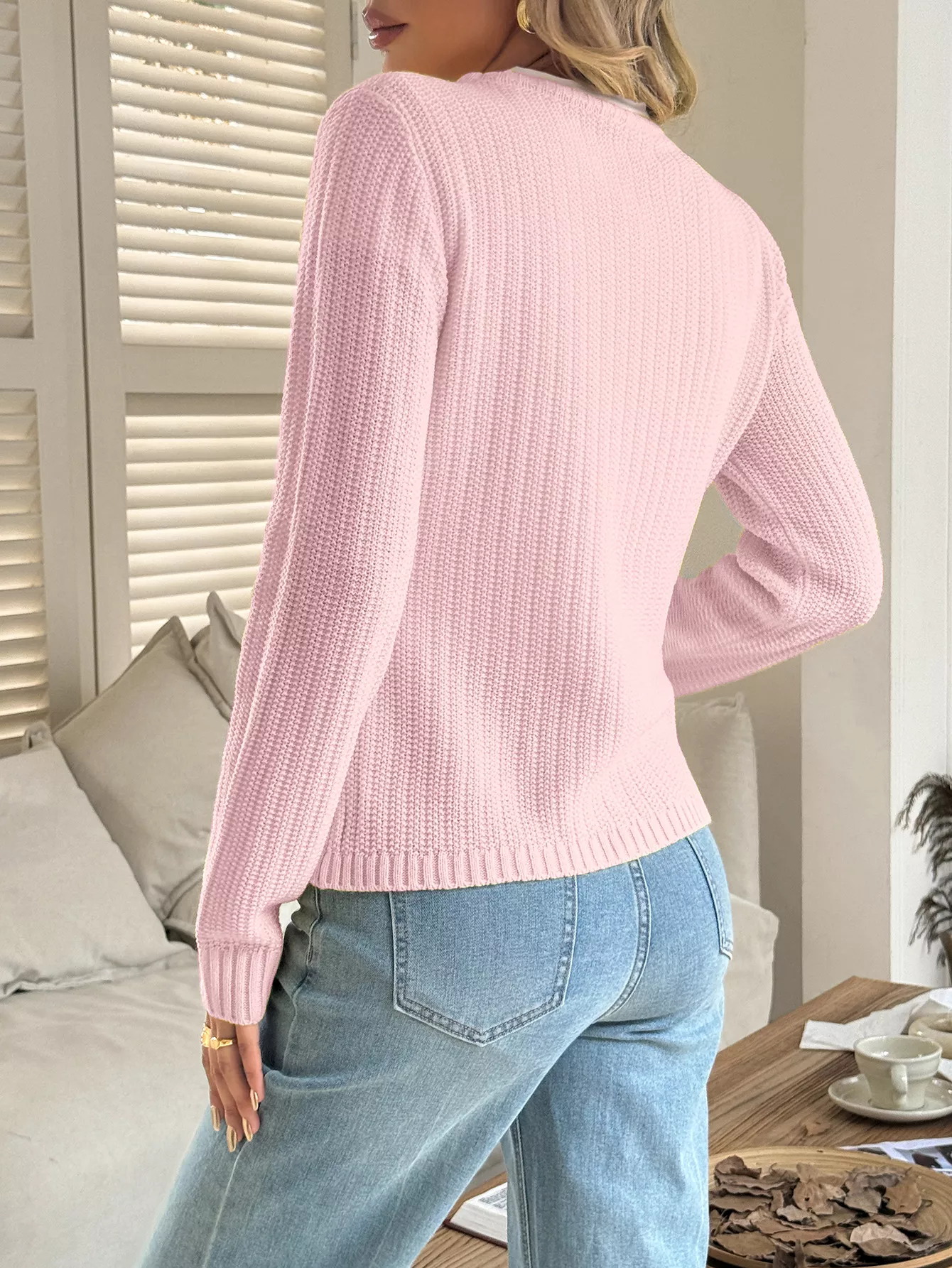 Button-Front Ribbed Long Sleeve Cardigan - Image 11