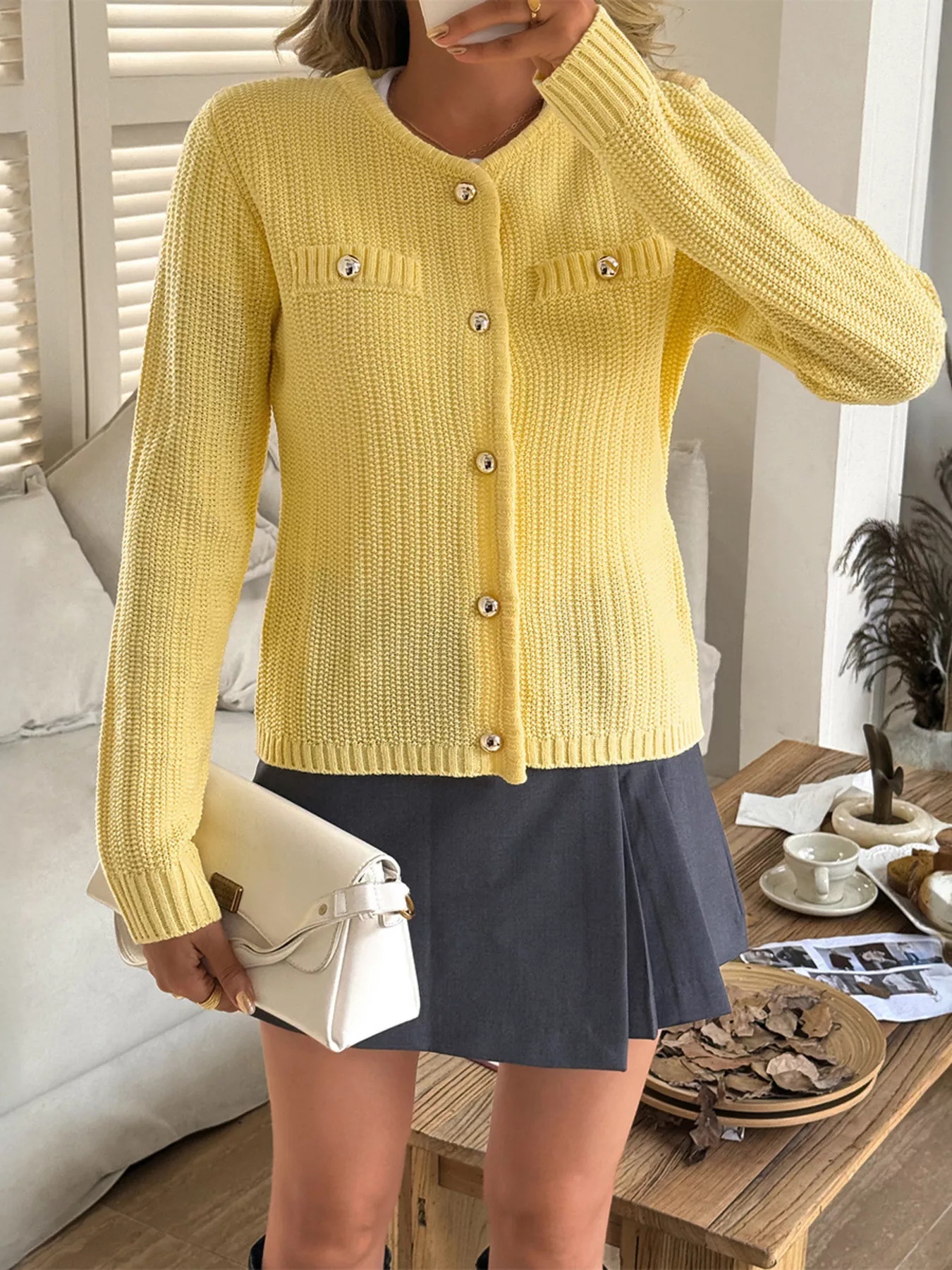 Button-Front Ribbed Long Sleeve Cardigan - Image 12