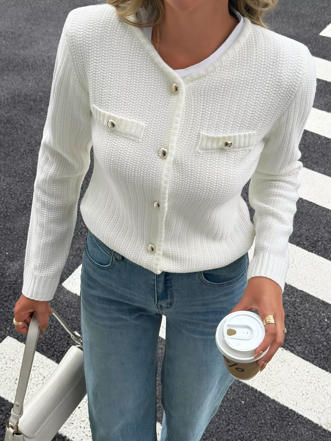 Button-Front Ribbed Long Sleeve Cardigan - Image 2
