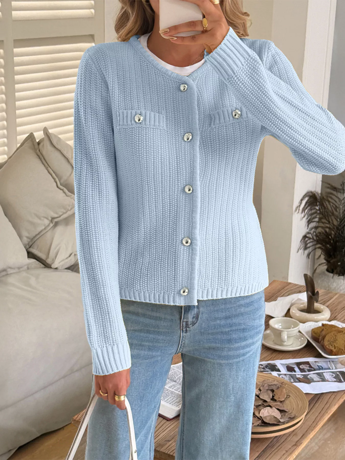 Button-Front Ribbed Long Sleeve Cardigan - Image 6