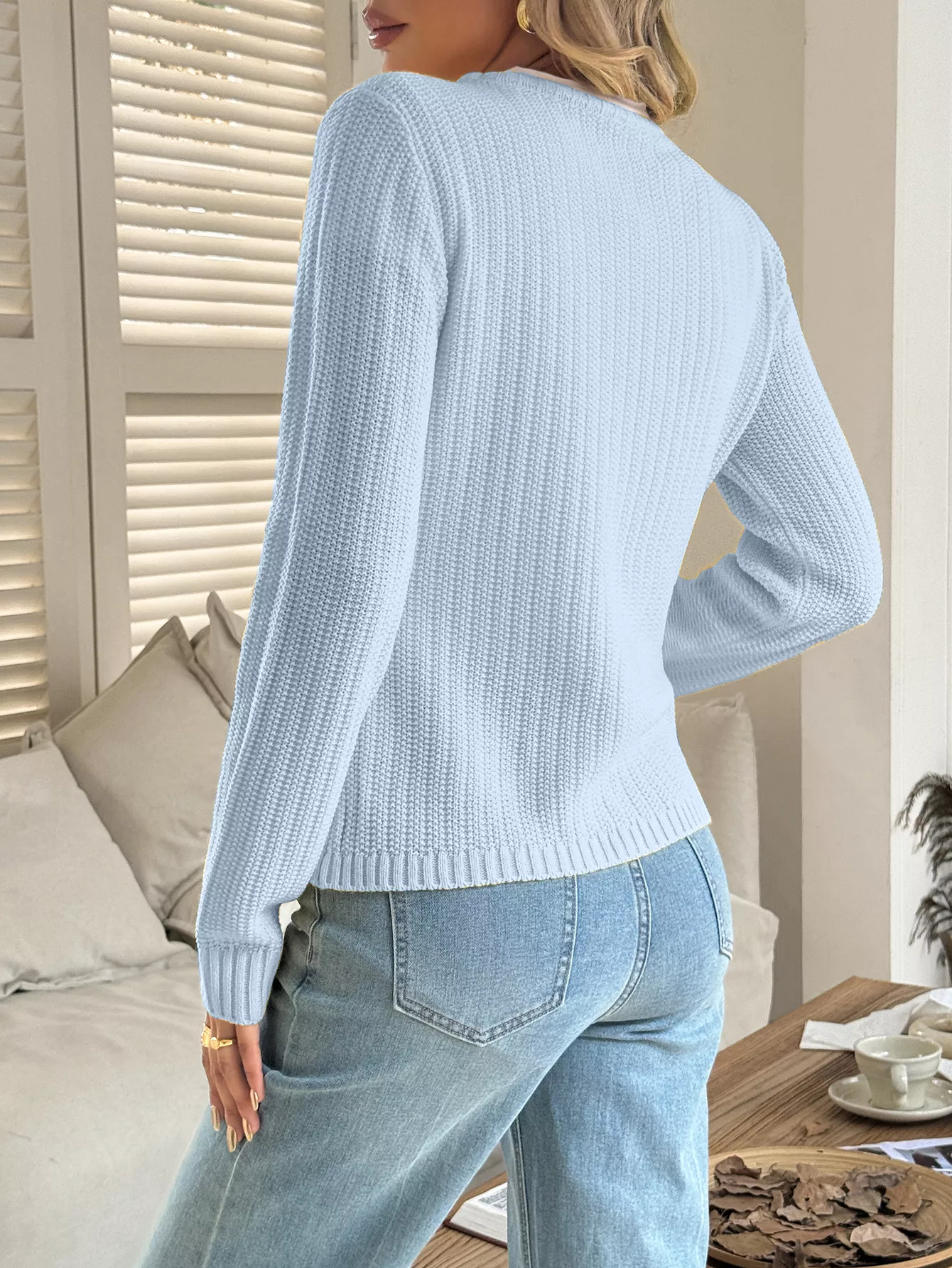Button-Front Ribbed Long Sleeve Cardigan - Image 7