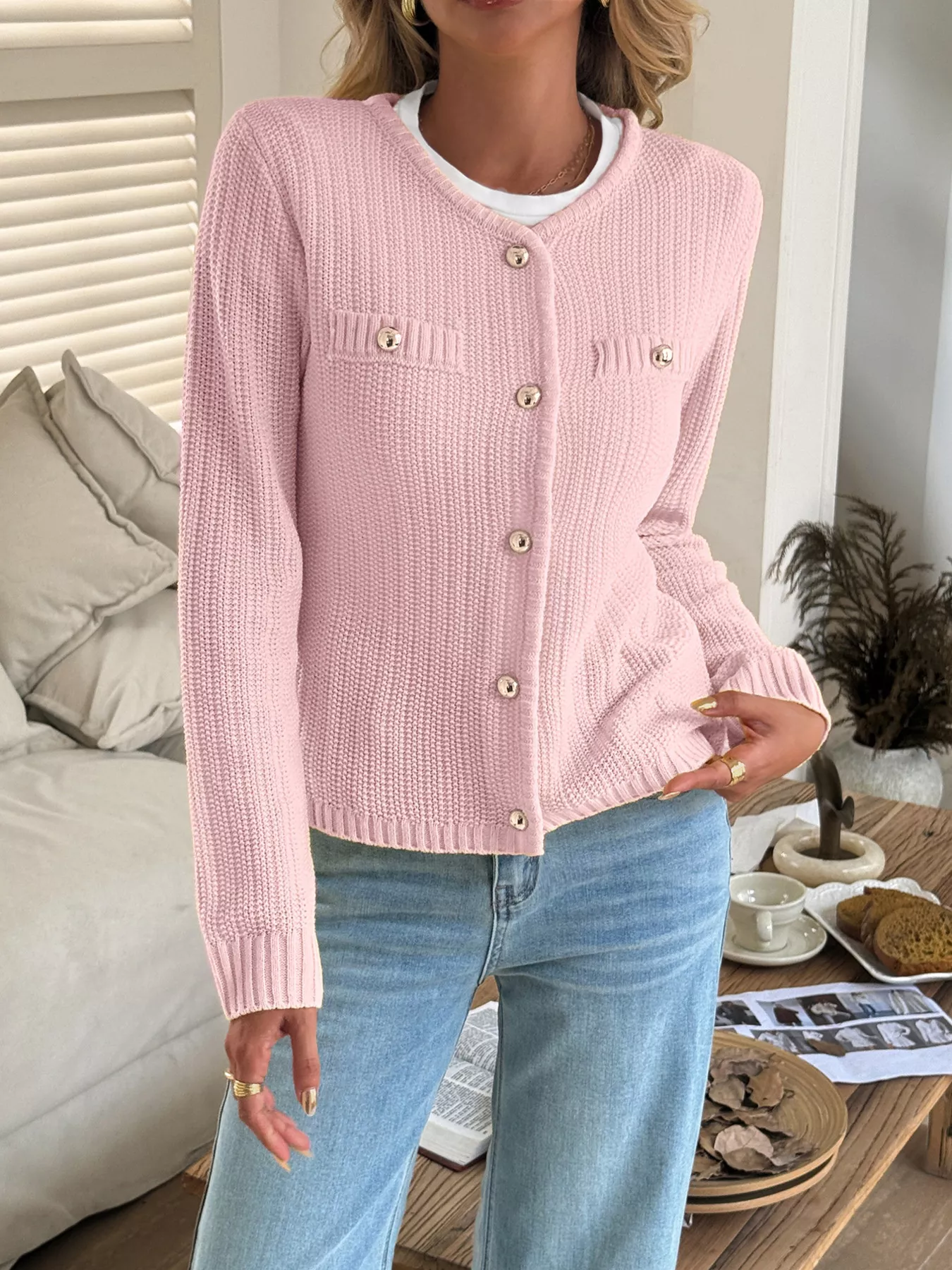 Button-Front Ribbed Long Sleeve Cardigan - Image 9