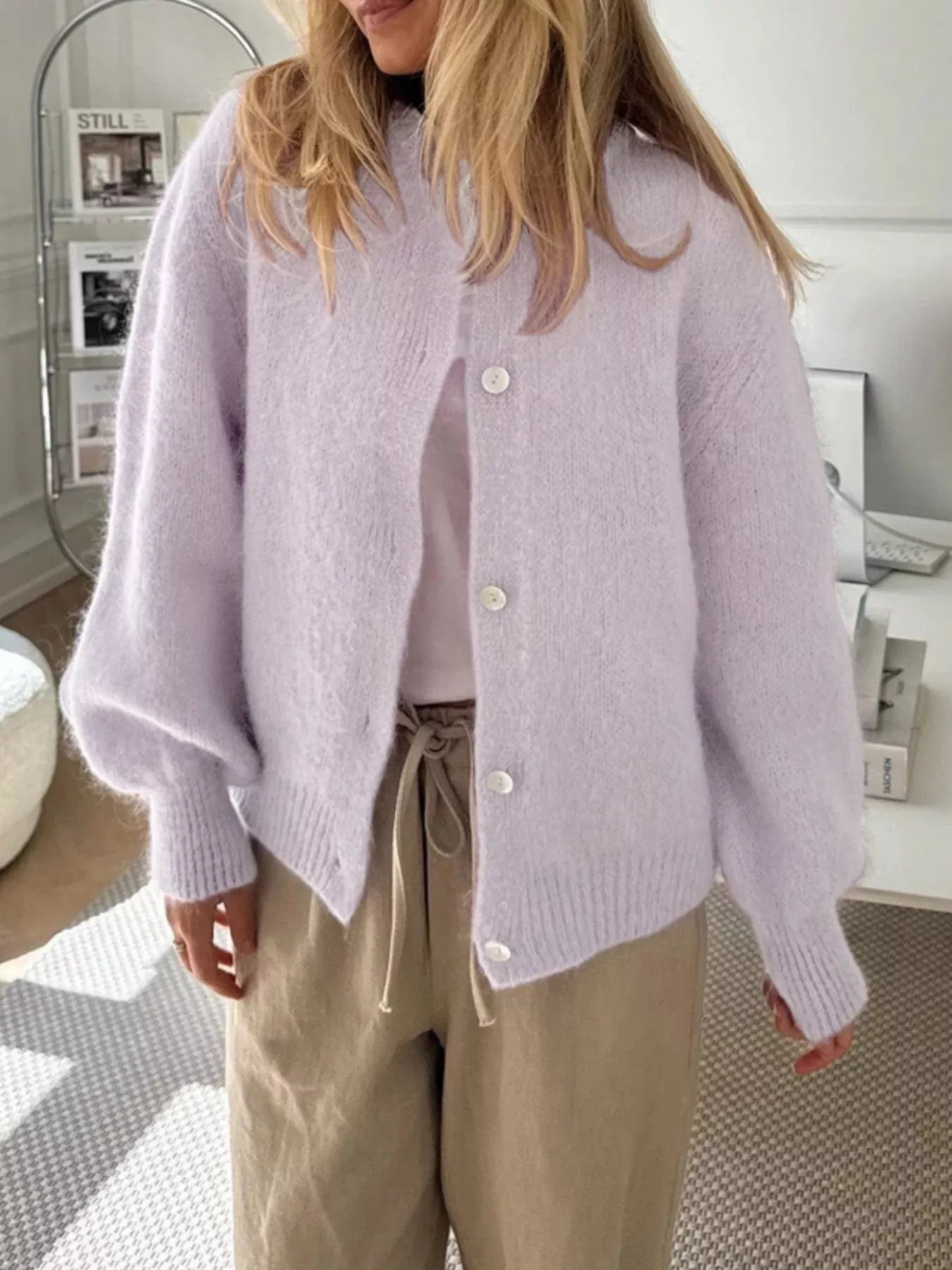 Button-Front Round Neck Cardigan - Image 2