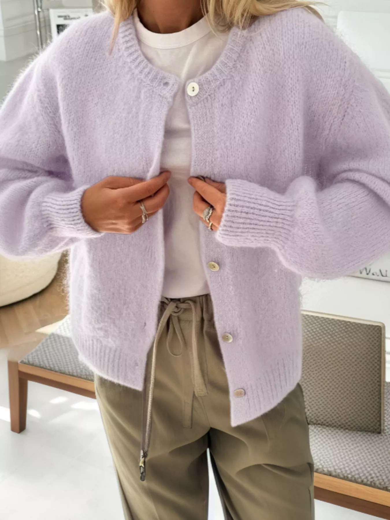 Button-Front Round Neck Cardigan - Image 3