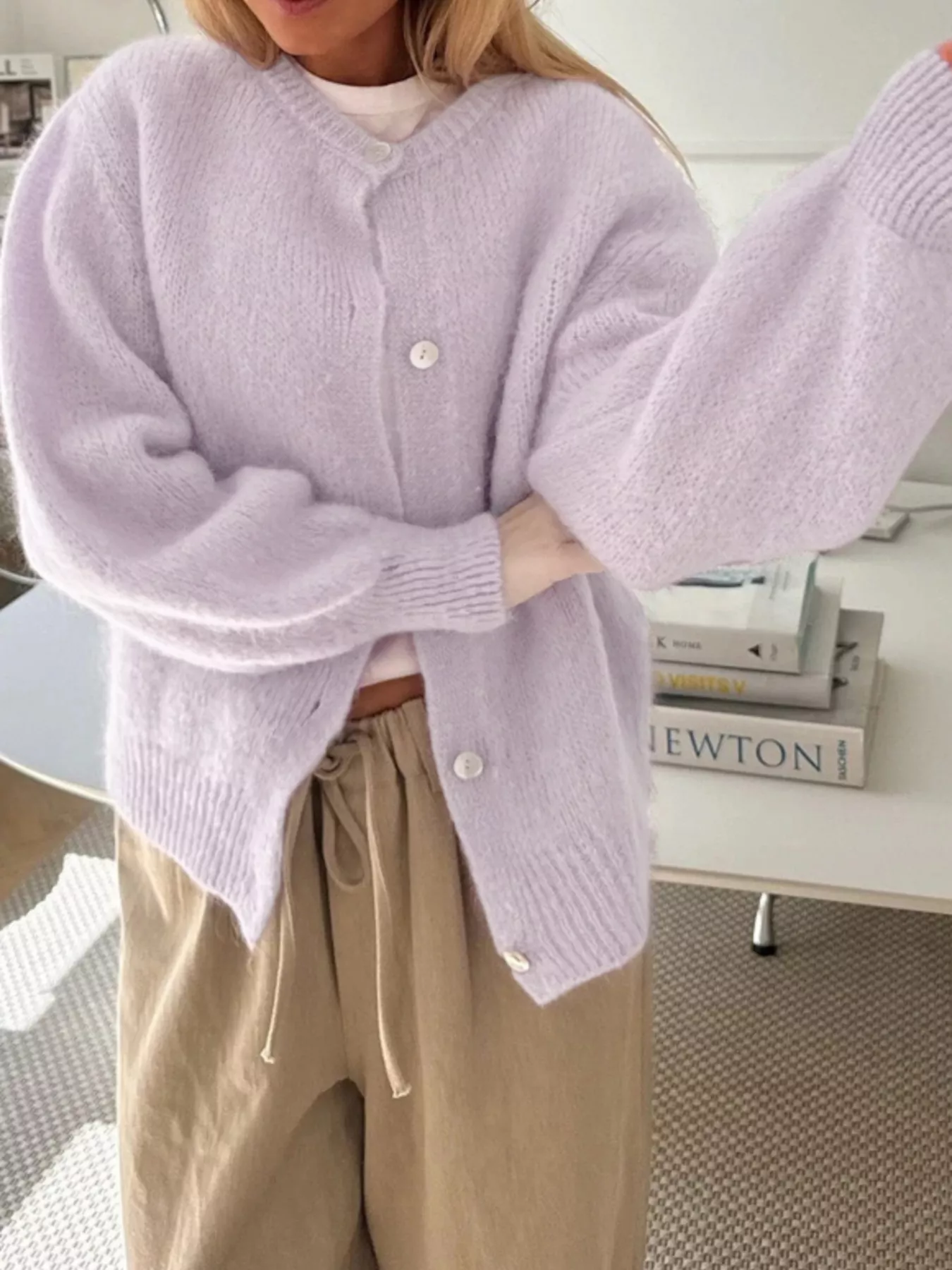 Button-Front Round Neck Cardigan - Image 4