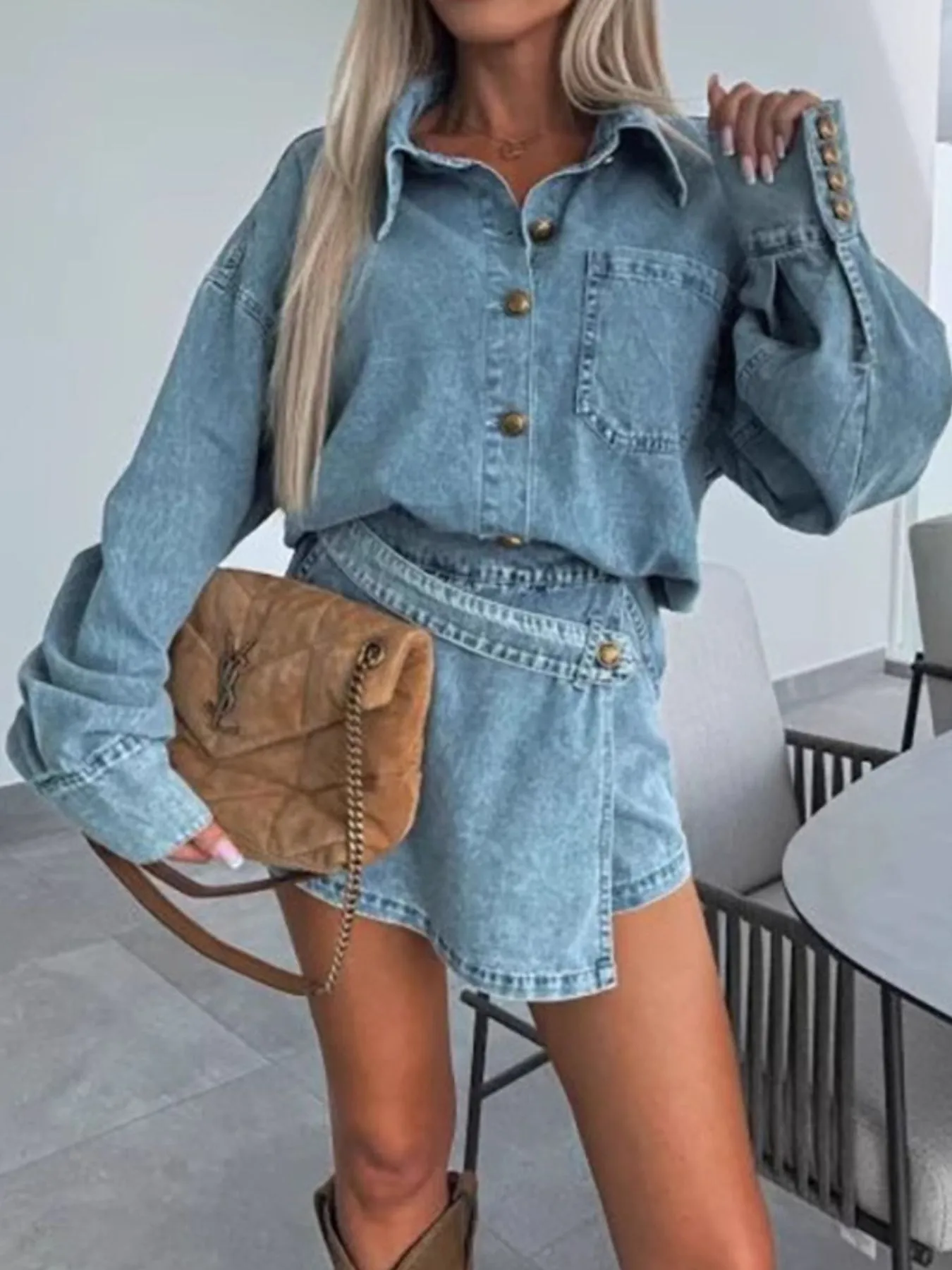 Button-Front Shirt and Mini Skirt Oversized Denim Set - Image 2