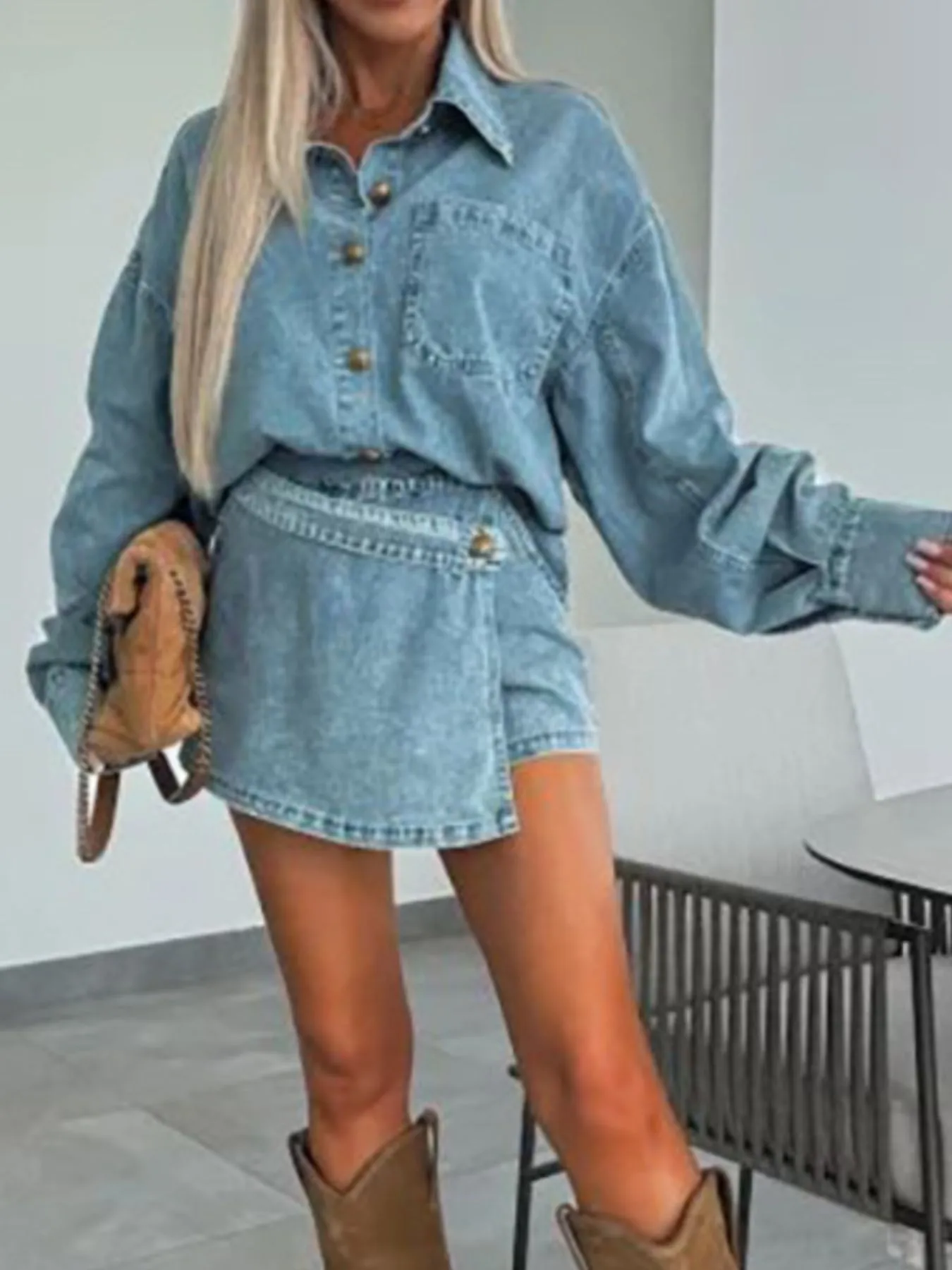 Button-Front Shirt and Mini Skirt Oversized Denim Set - Image 3
