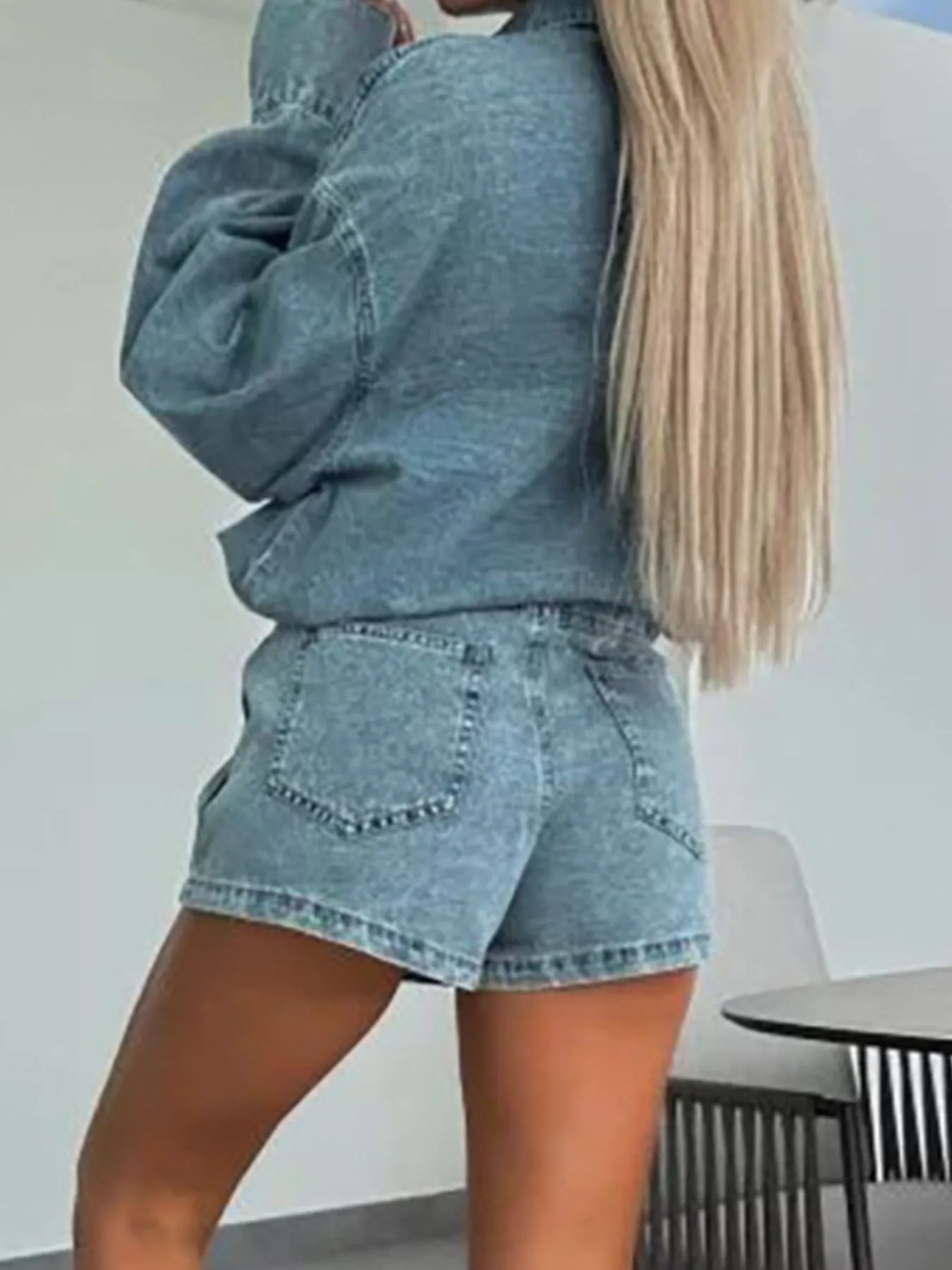 Button-Front Shirt and Mini Skirt Oversized Denim Set - Image 4