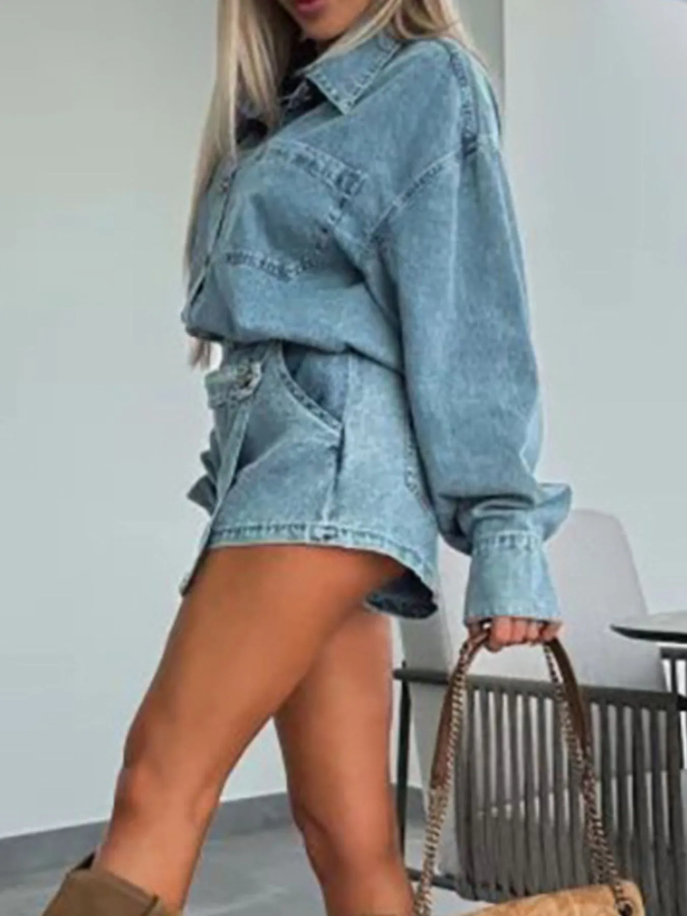 Button-Front Shirt and Mini Skirt Oversized Denim Set - Image 5