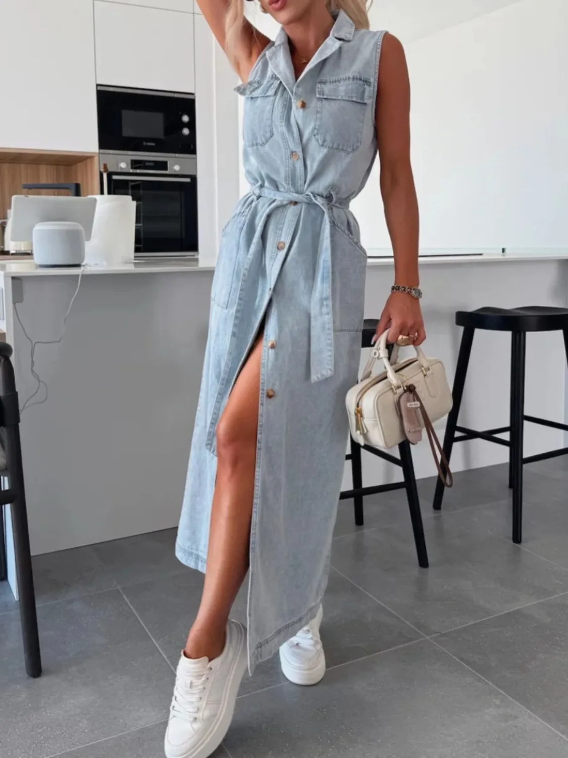 Button Front Sleeveless Denim Dress - Image 12
