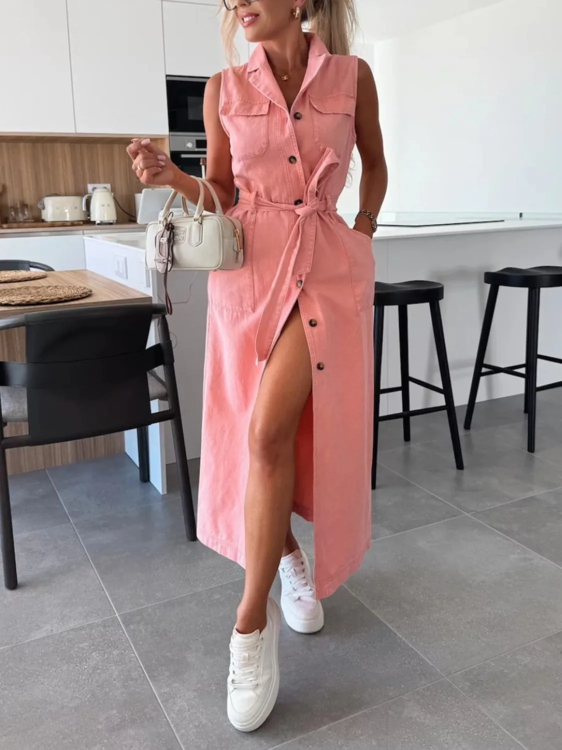 Button Front Sleeveless Denim Dress - Image 6