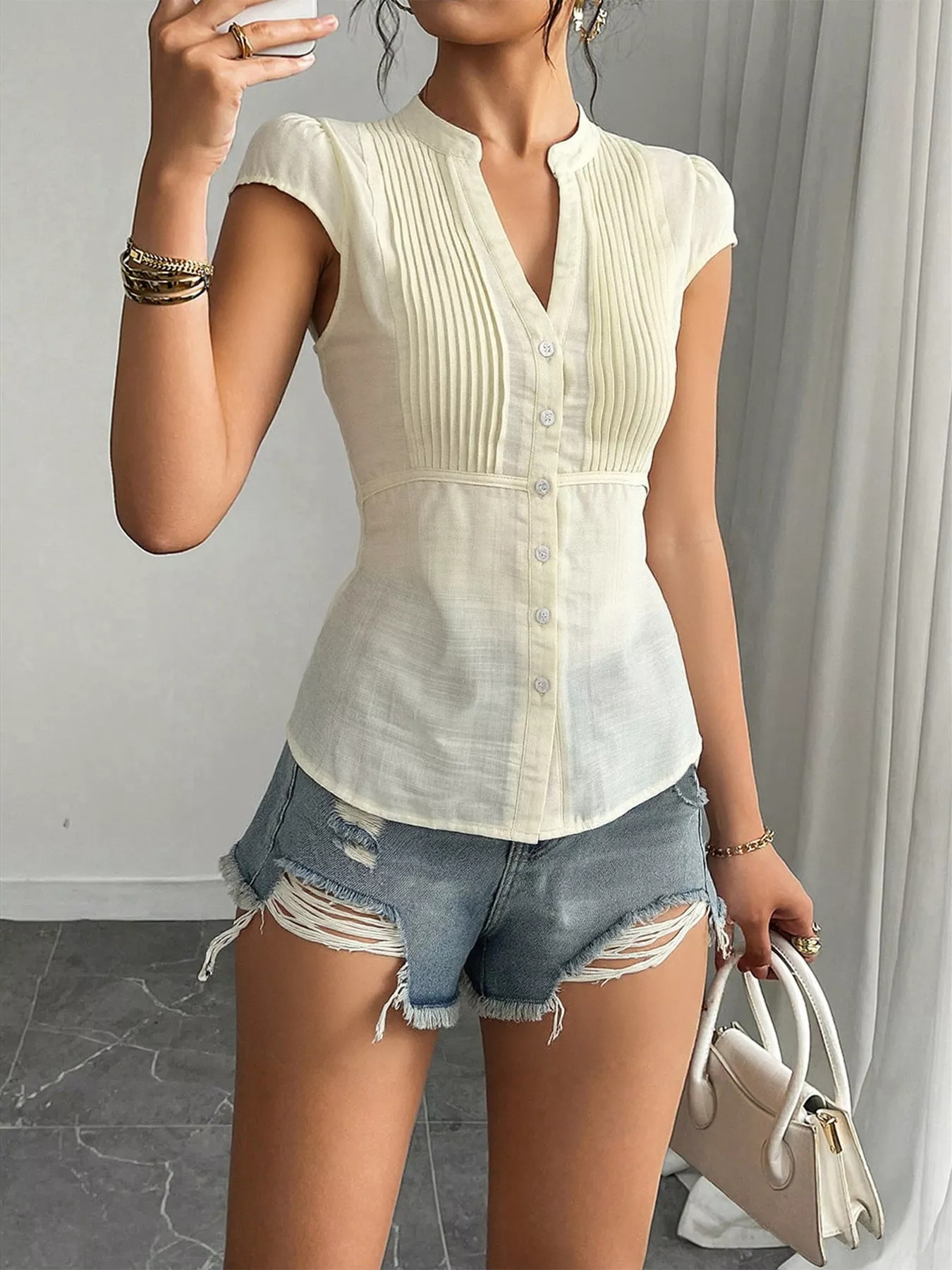Button Up Cap Sleeve Shirt - Image 2