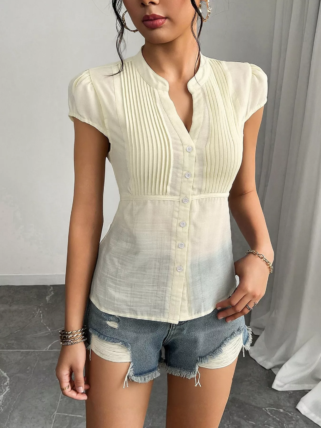 Button Up Cap Sleeve Shirt - Image 4