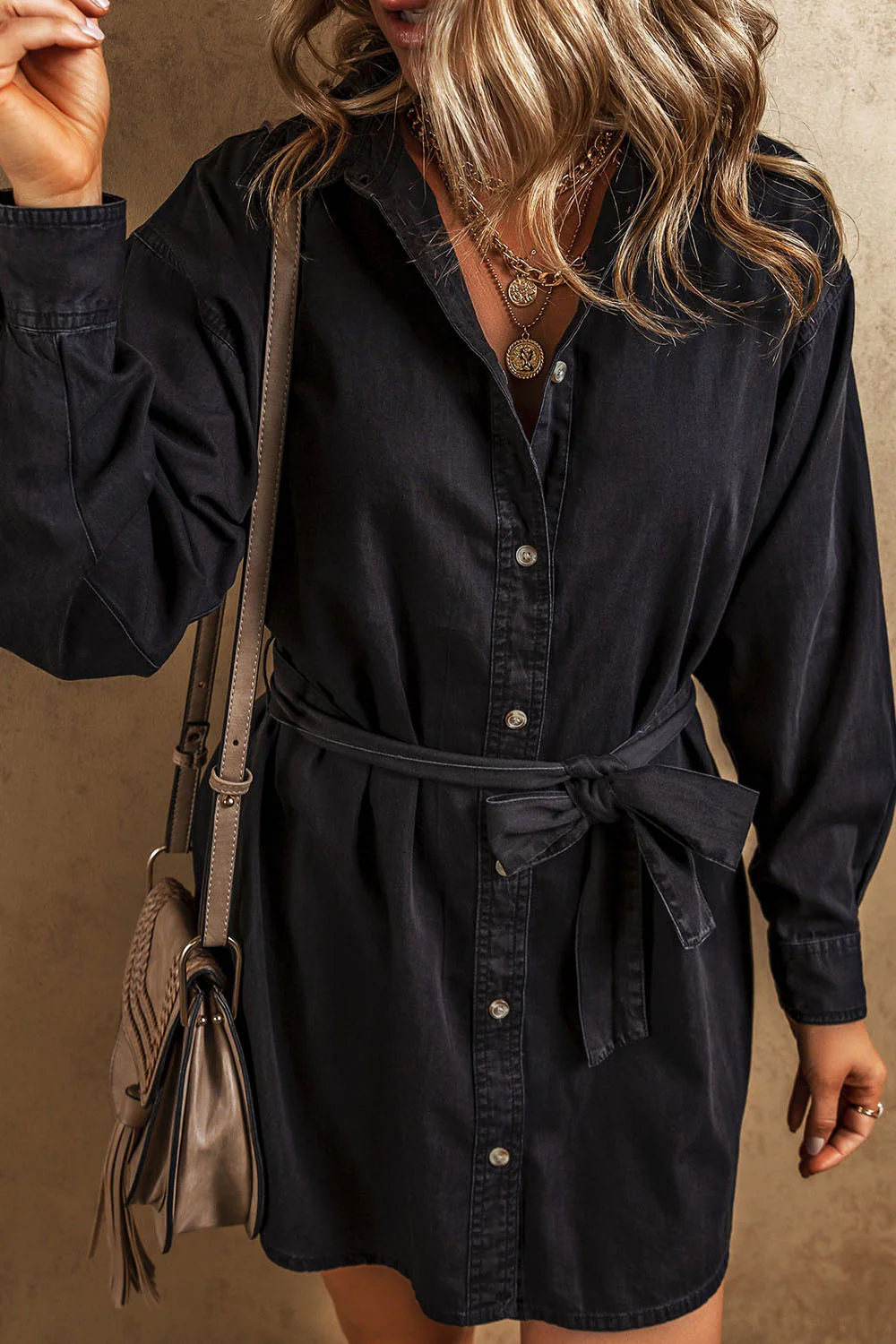 Button Up Collared Neck Denim Dress - Image 3