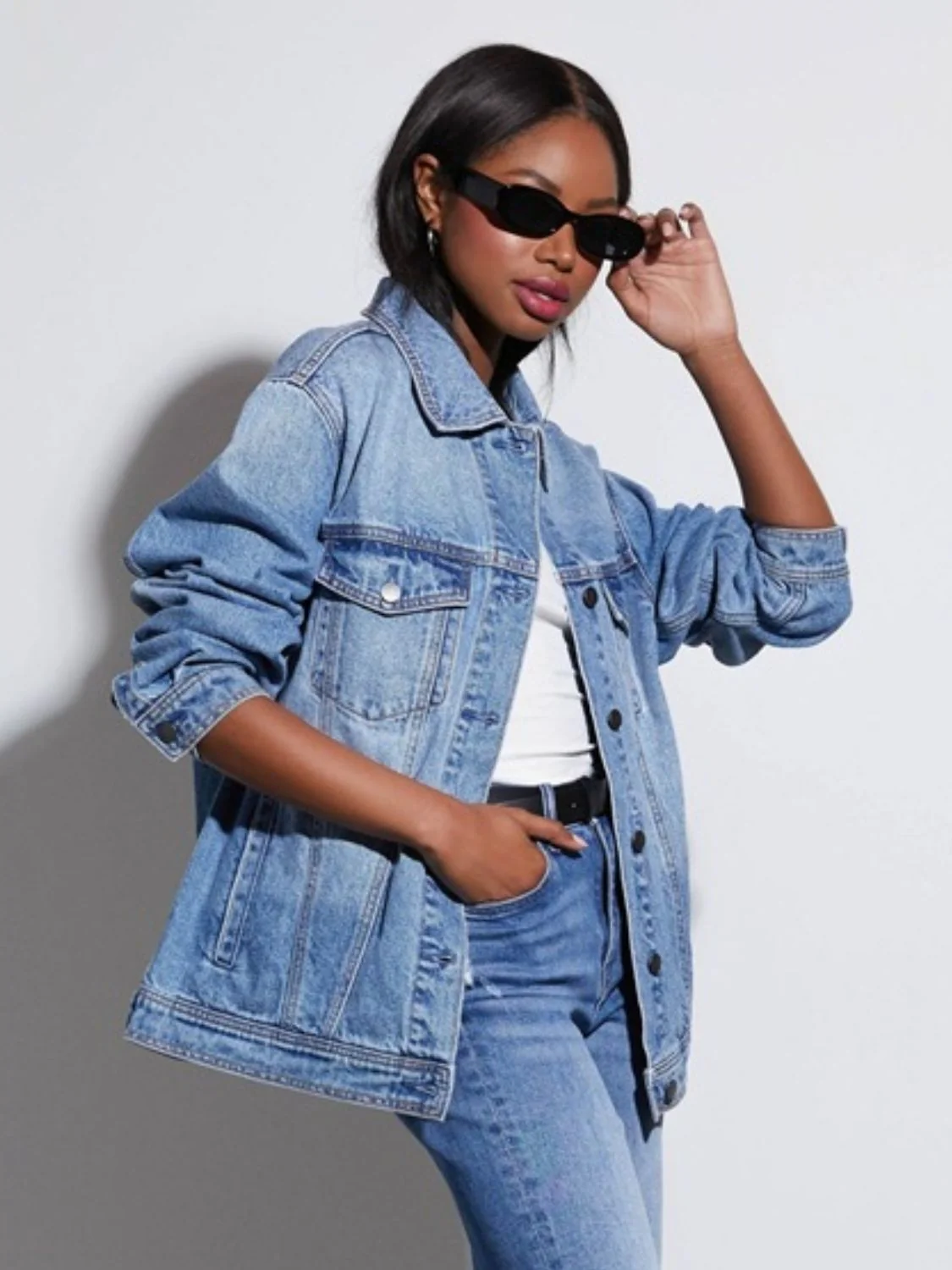 Button Up Collared Neck Denim Jacket - Image 4