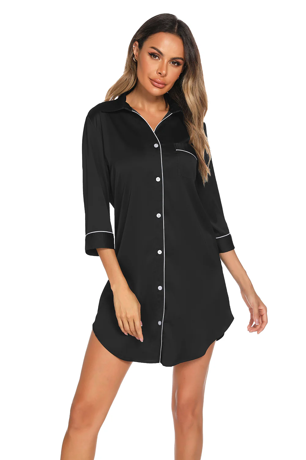 Button Up Collared Neck Night Dress with Pocket - Image 3