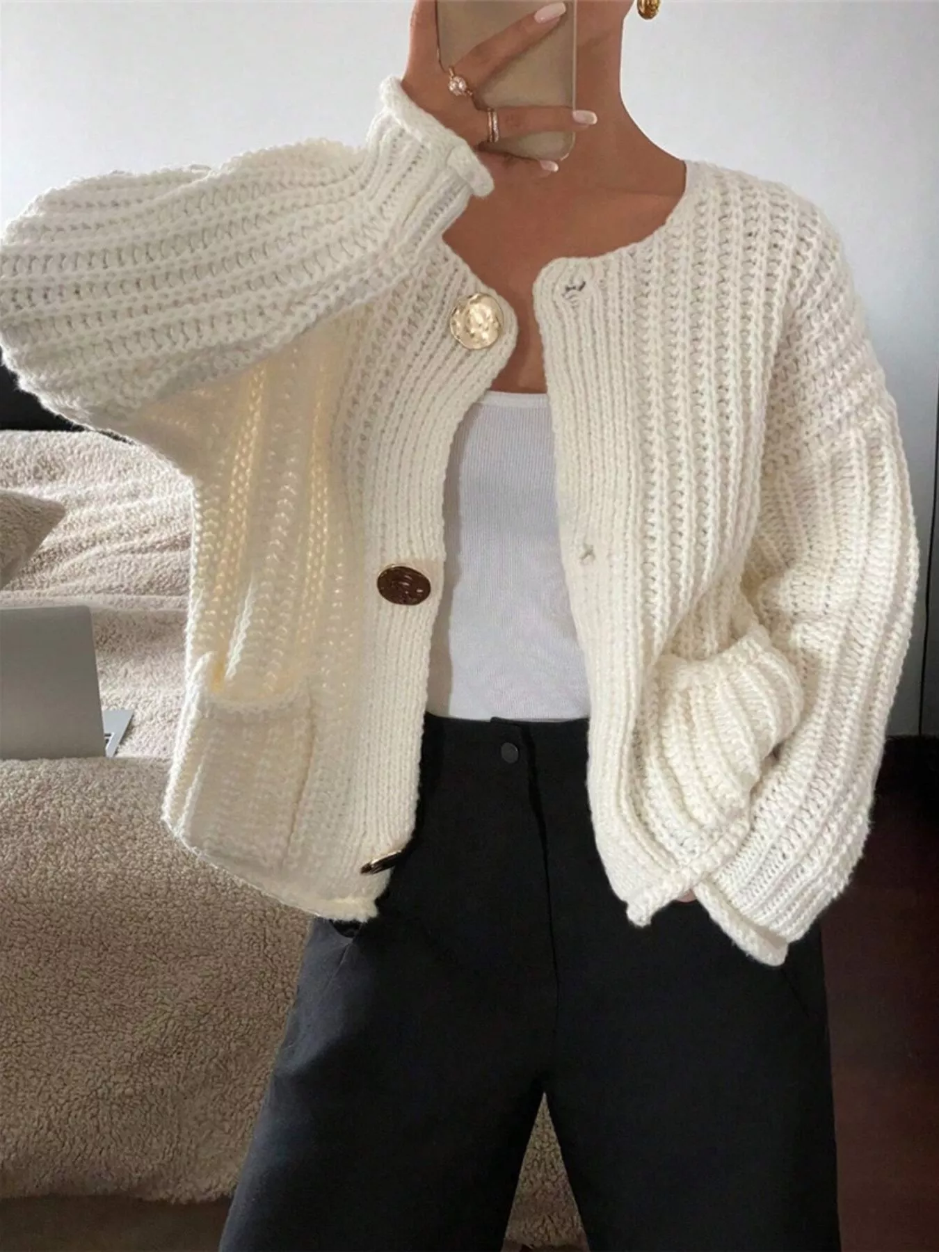 Button Up Dropped Shoulder Cardigan - Image 2