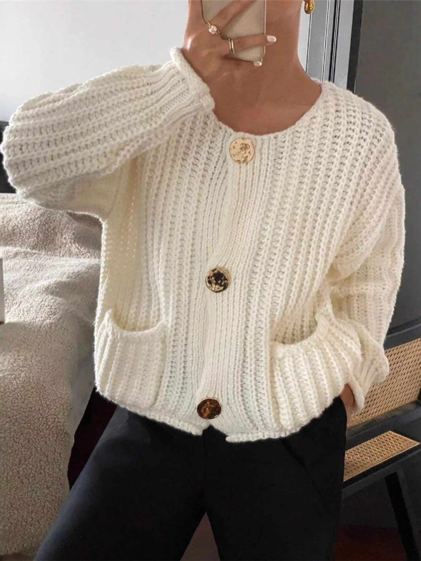 Button Up Dropped Shoulder Cardigan - Image 3