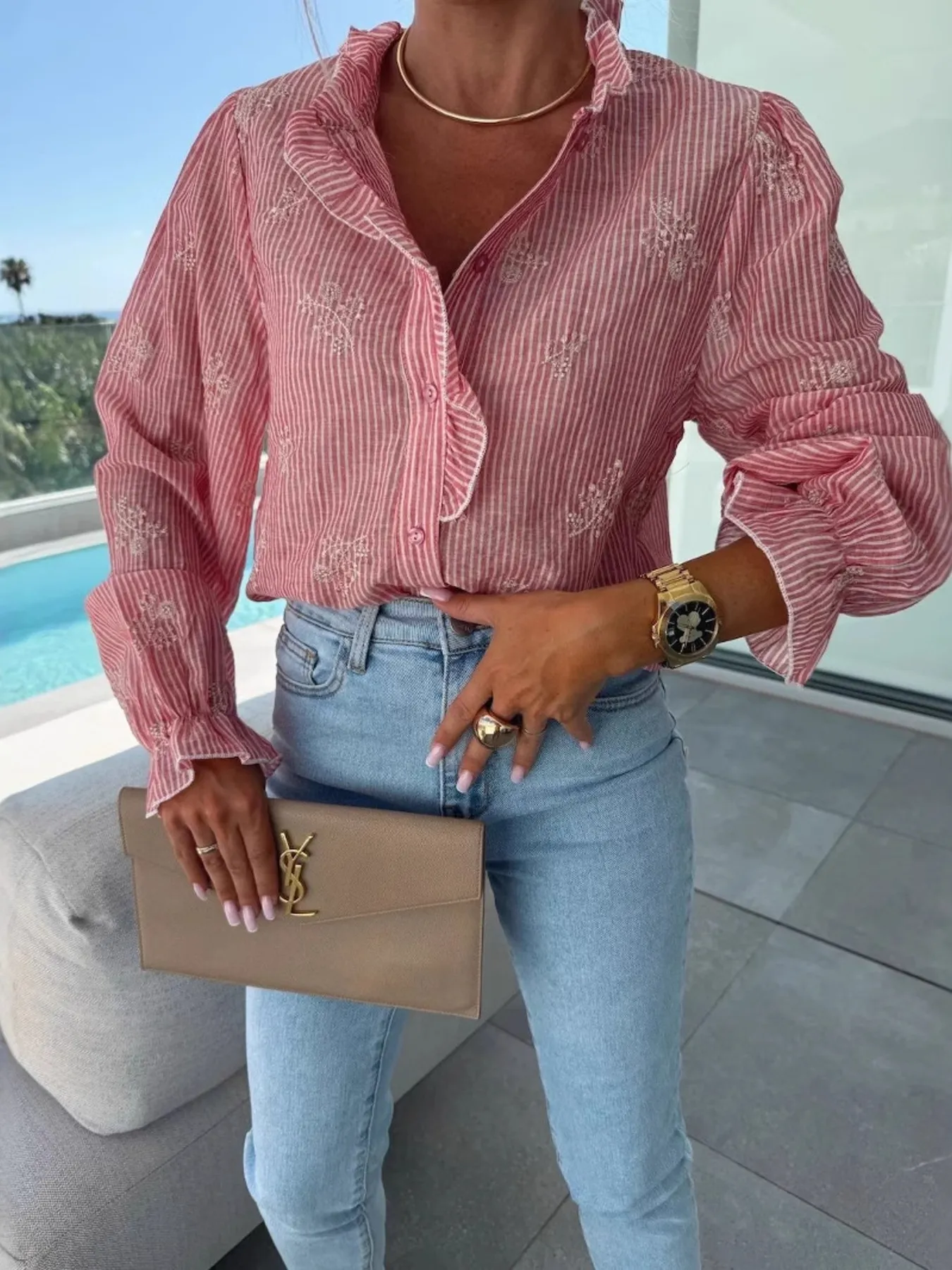 Button Up Flounce Sleeve Shirt - Image 2