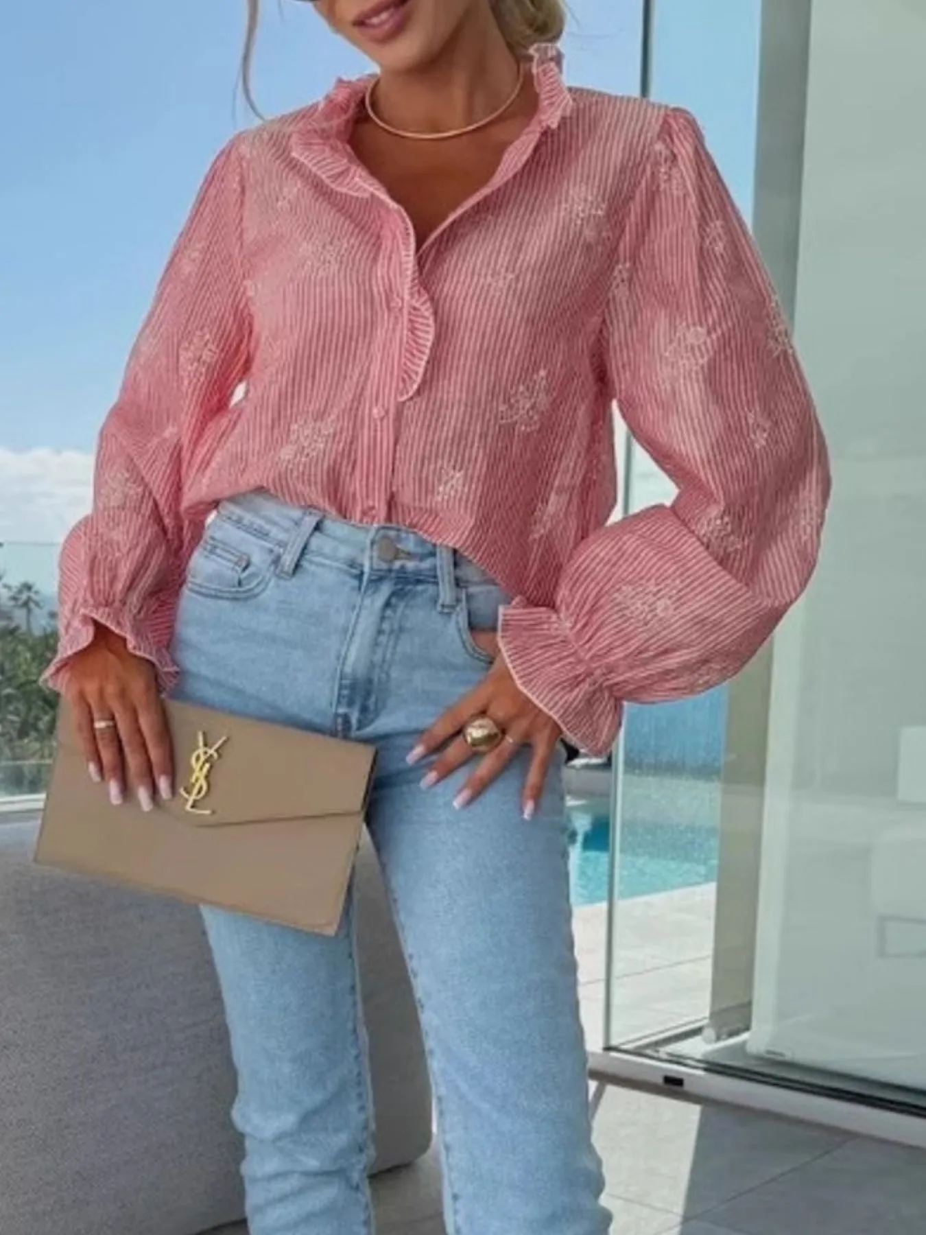 Button Up Flounce Sleeve Shirt - Image 6