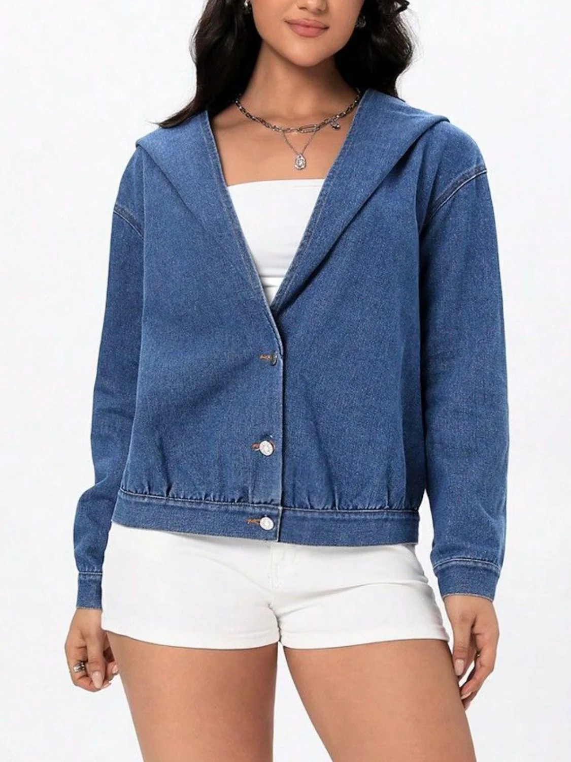 Button Up Hooded Denim Top - Image 3
