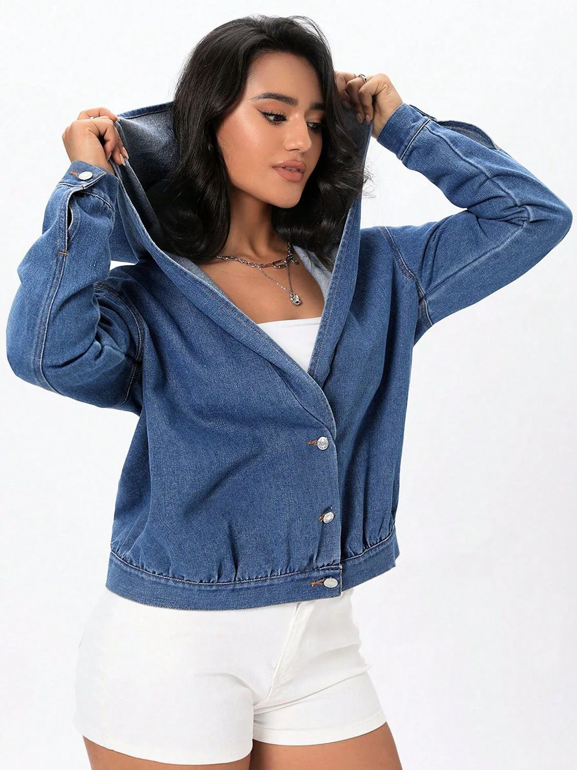 Button Up Hooded Denim Top - Image 5