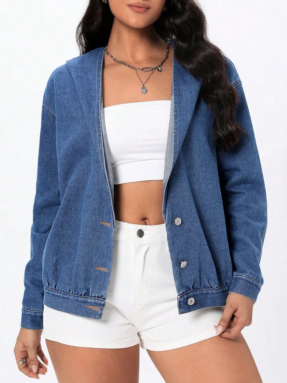 Button Up Hooded Denim Top - Image 6