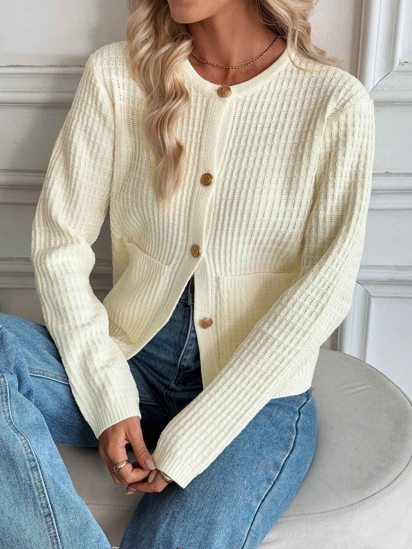 Button-Up Long Sleeve Cardigan with Pockets - Image 2