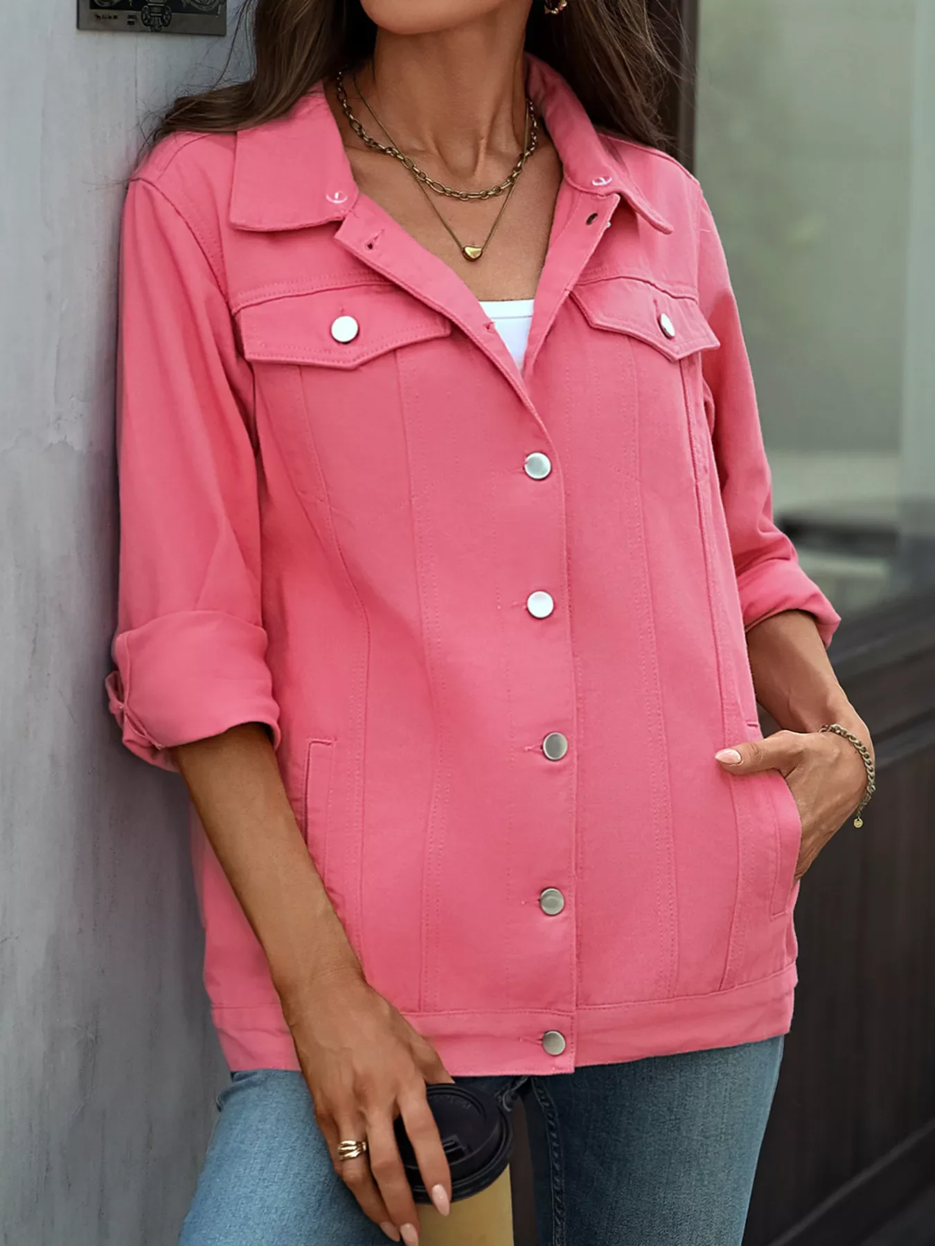 Button Up Long Sleeve Denim Jacket - Image 5