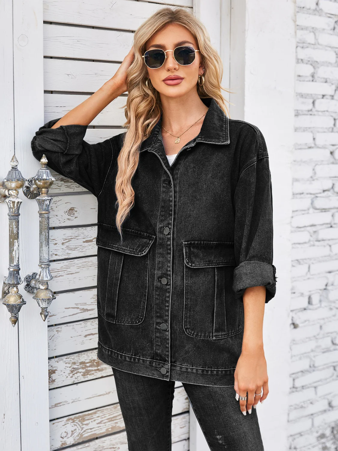 Button Up Long Sleeve Denim Jacket - Image 11
